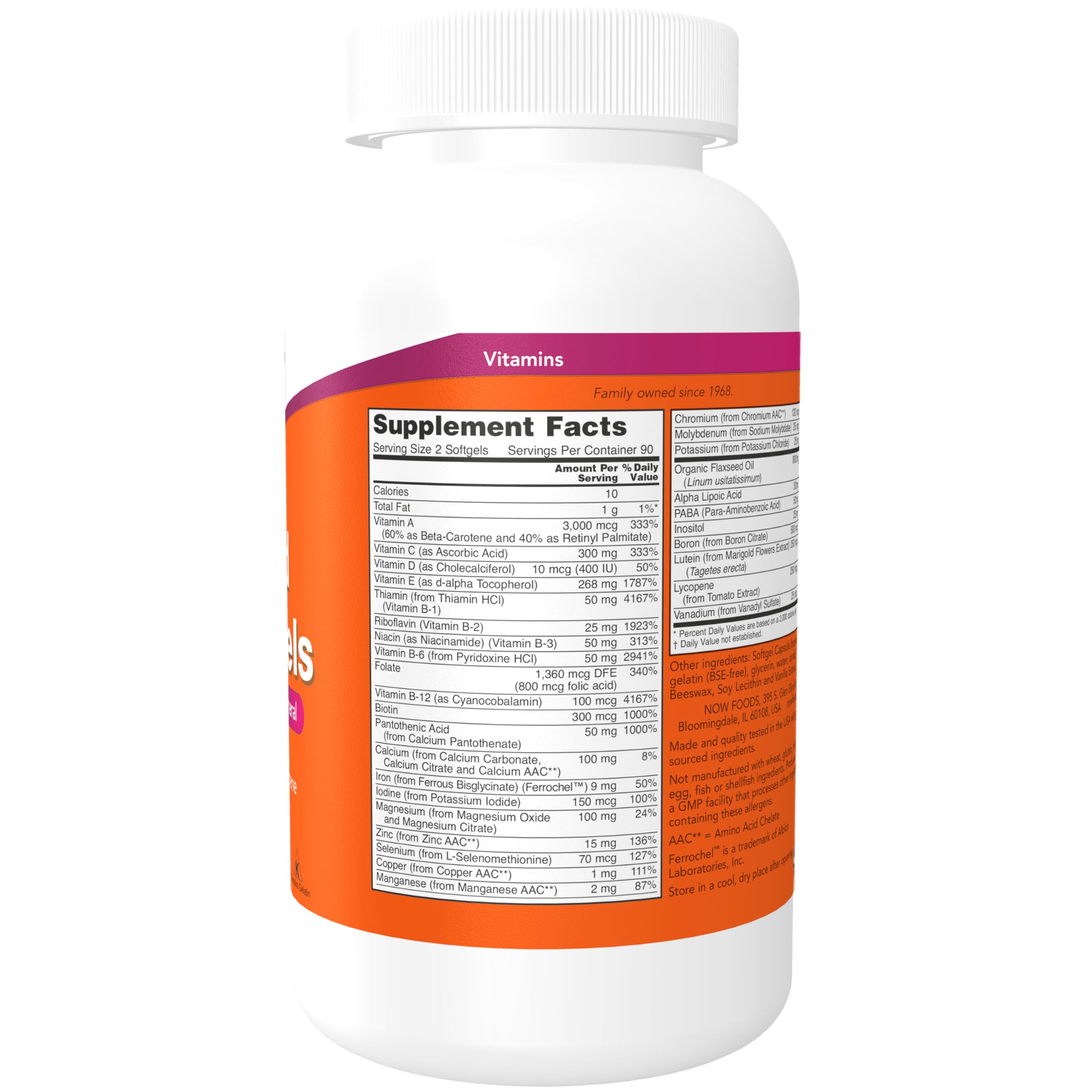 NOW Foods Liquid Multi Softgels 400g back view with ingredient list