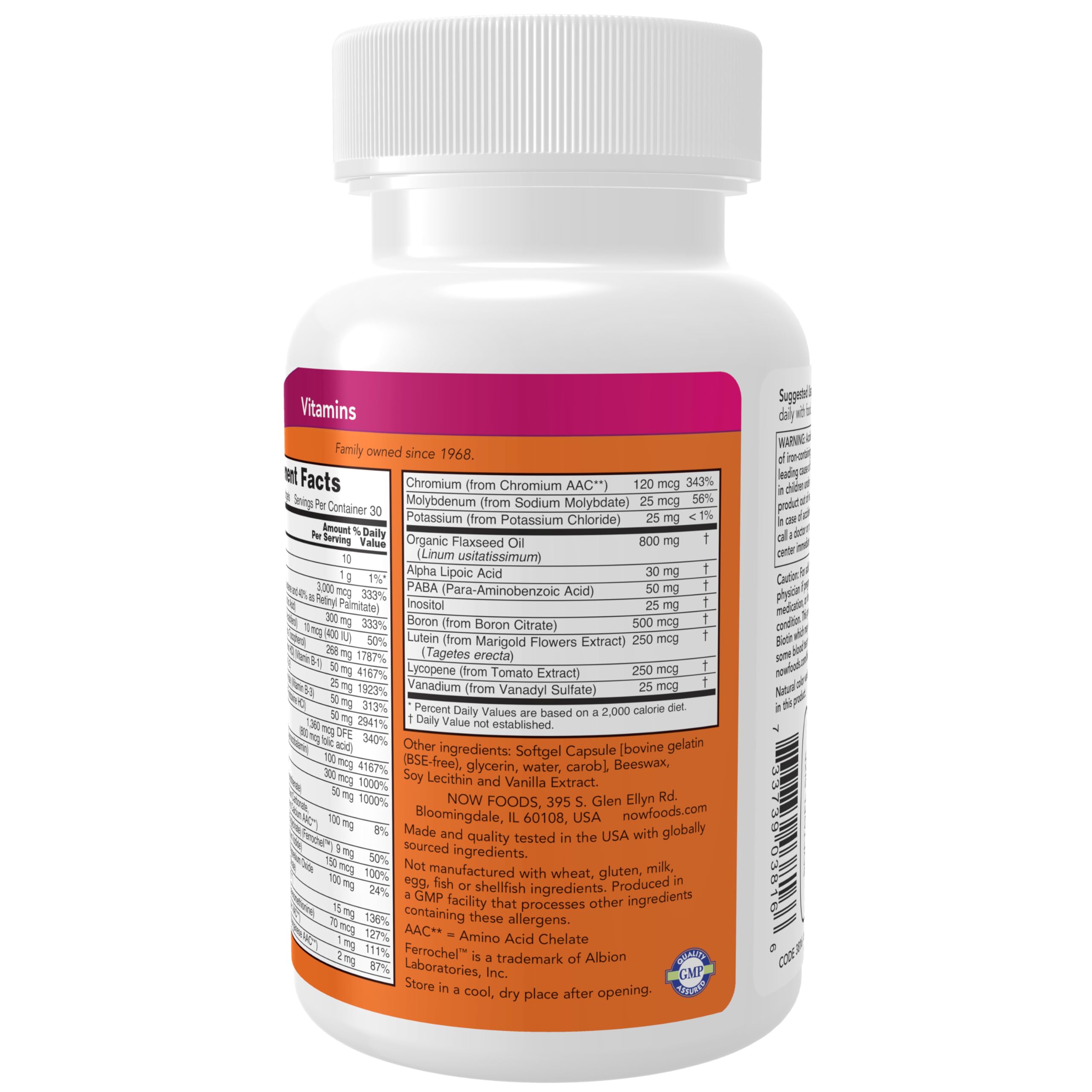 NOW Foods Liquid Multi Softgels showing dosage information