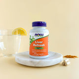 NOW Foods Liver Refresh Milk Thistle 300mg 90 Veg Capsules on a wooden table