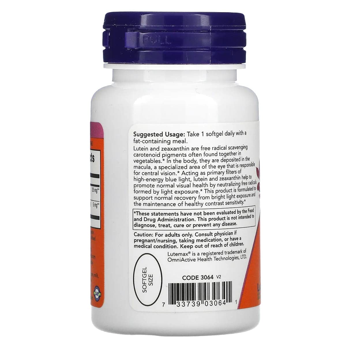 NOW Foods Lutein & Zeaxanthin supplement back view showing ingredients