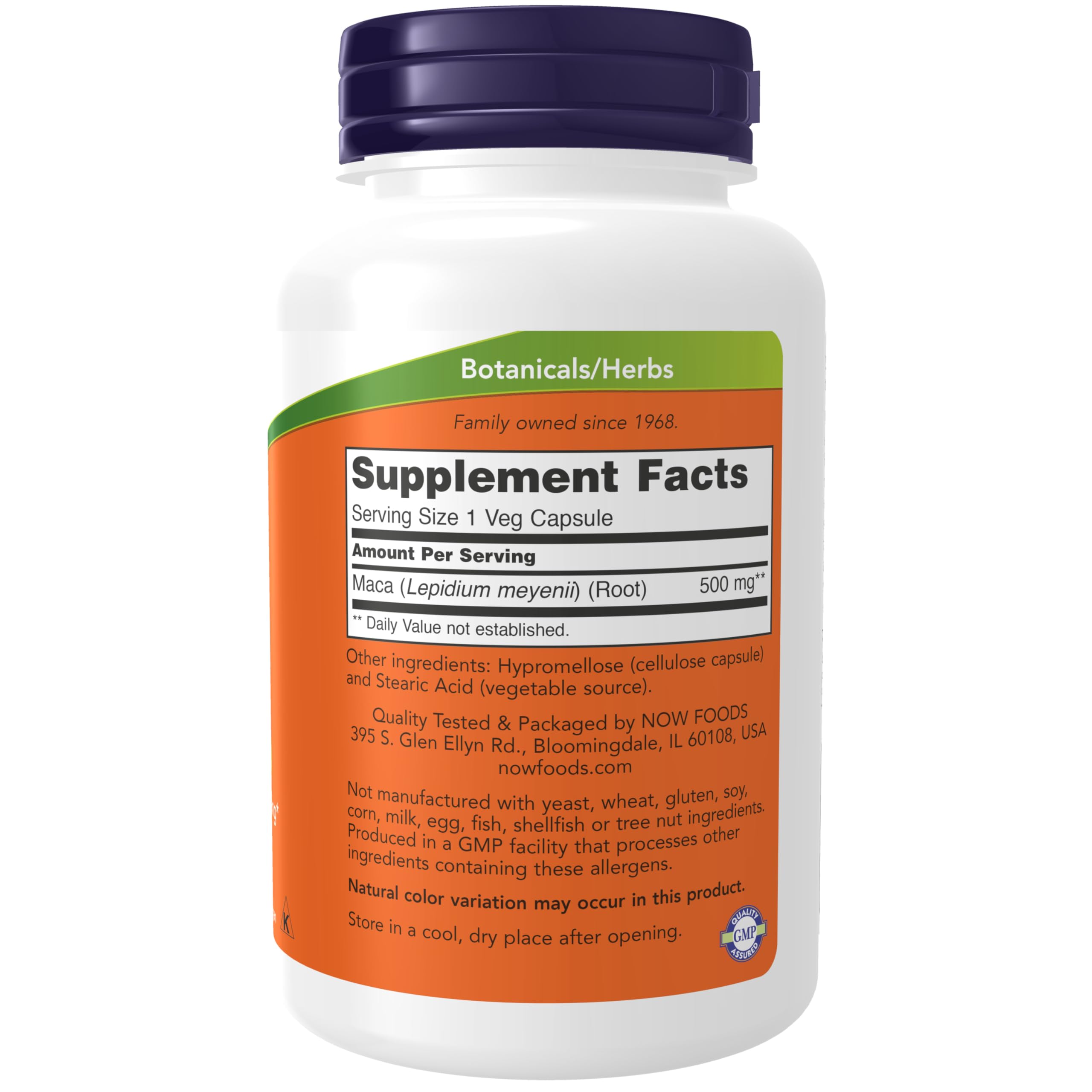 NOW Foods Maca Capsules 500mg side view