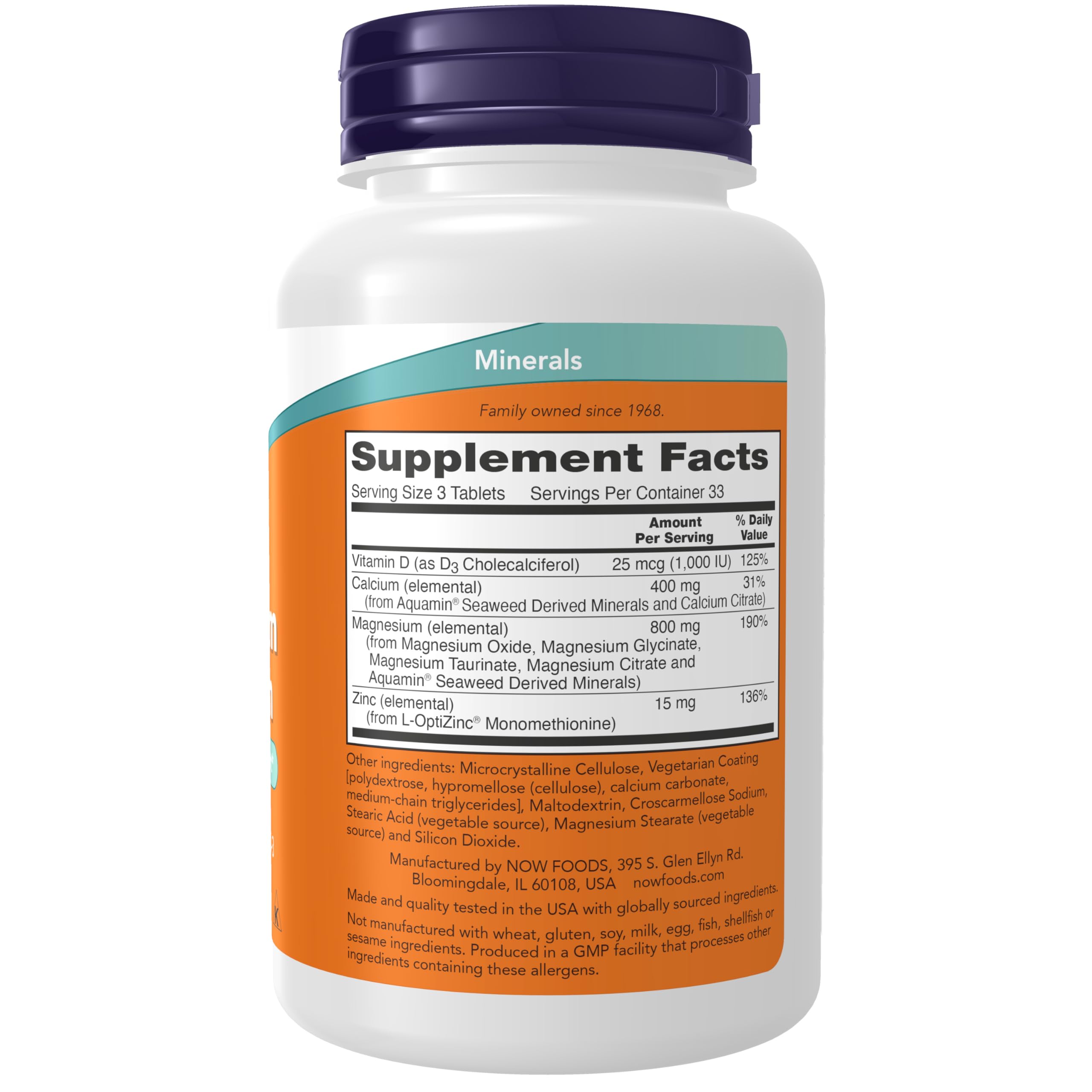 NOW Foods Magnesium & Calcium tablets side view showing dosage