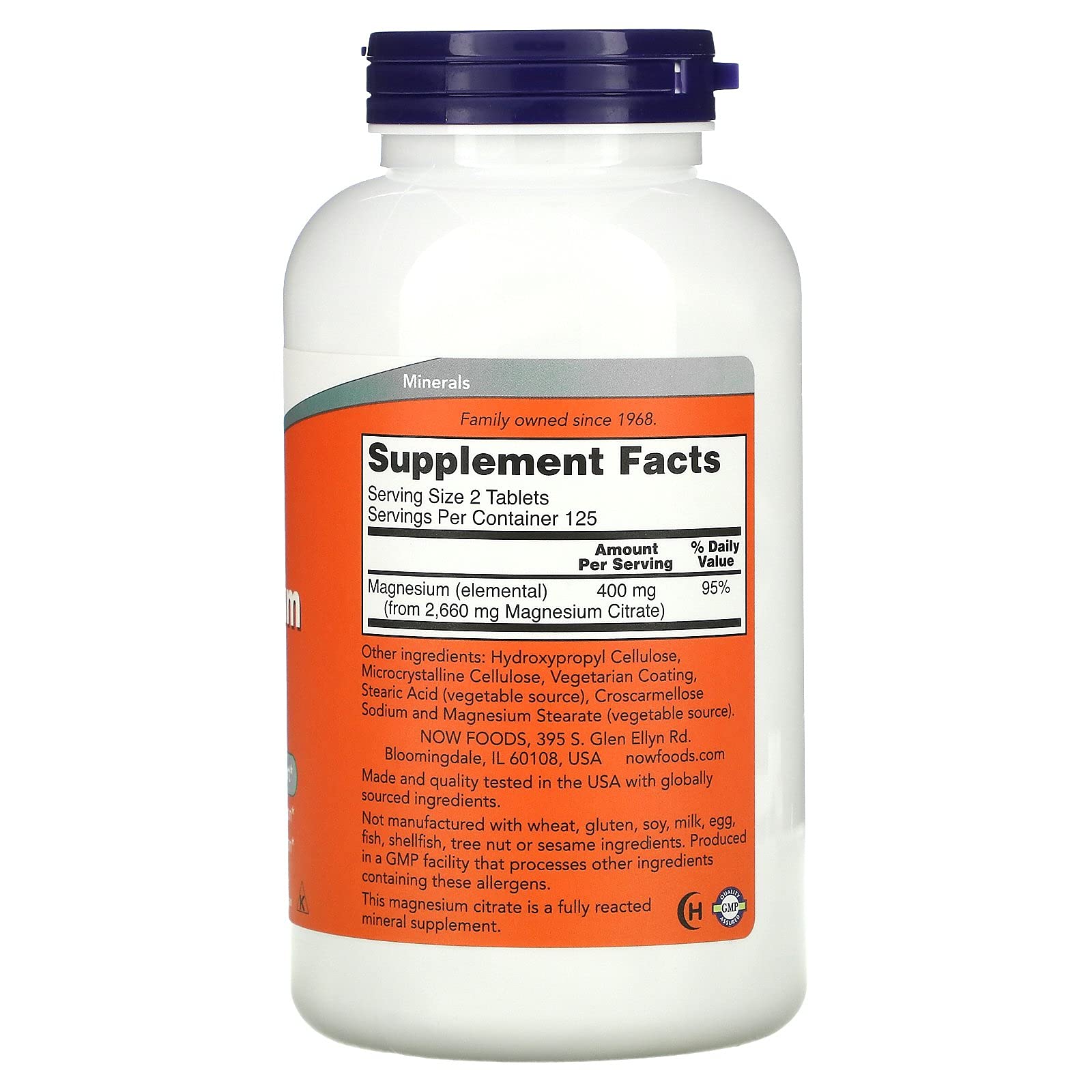 NOW Foods Magnesium Citrate 200 mg 250 Tabs tablets close-up
