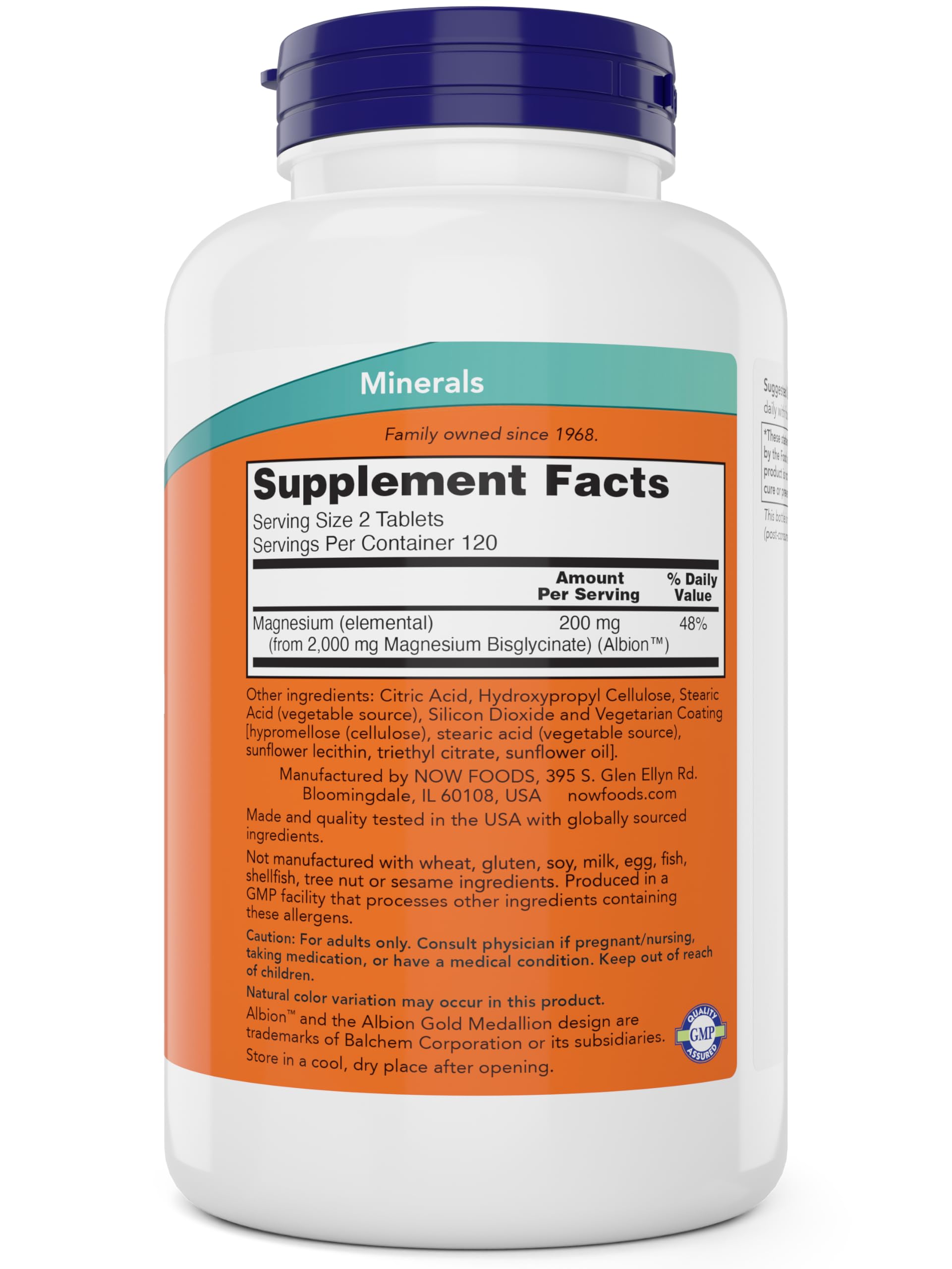 NOW Foods Magnesium Glycinate 240 Tablets displayed with green leaves