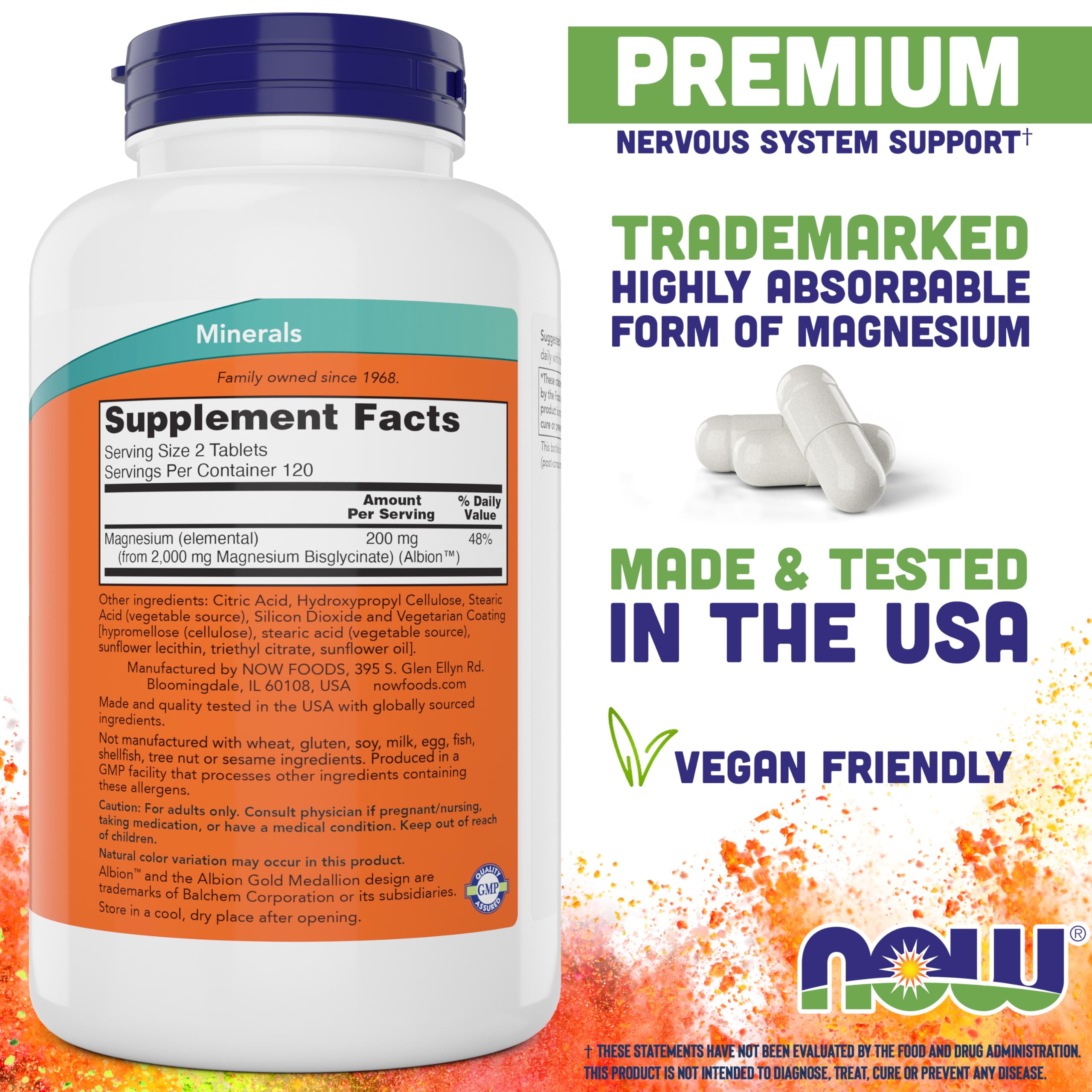 NOW Foods Magnesium Glycinate 240 Tablets side view