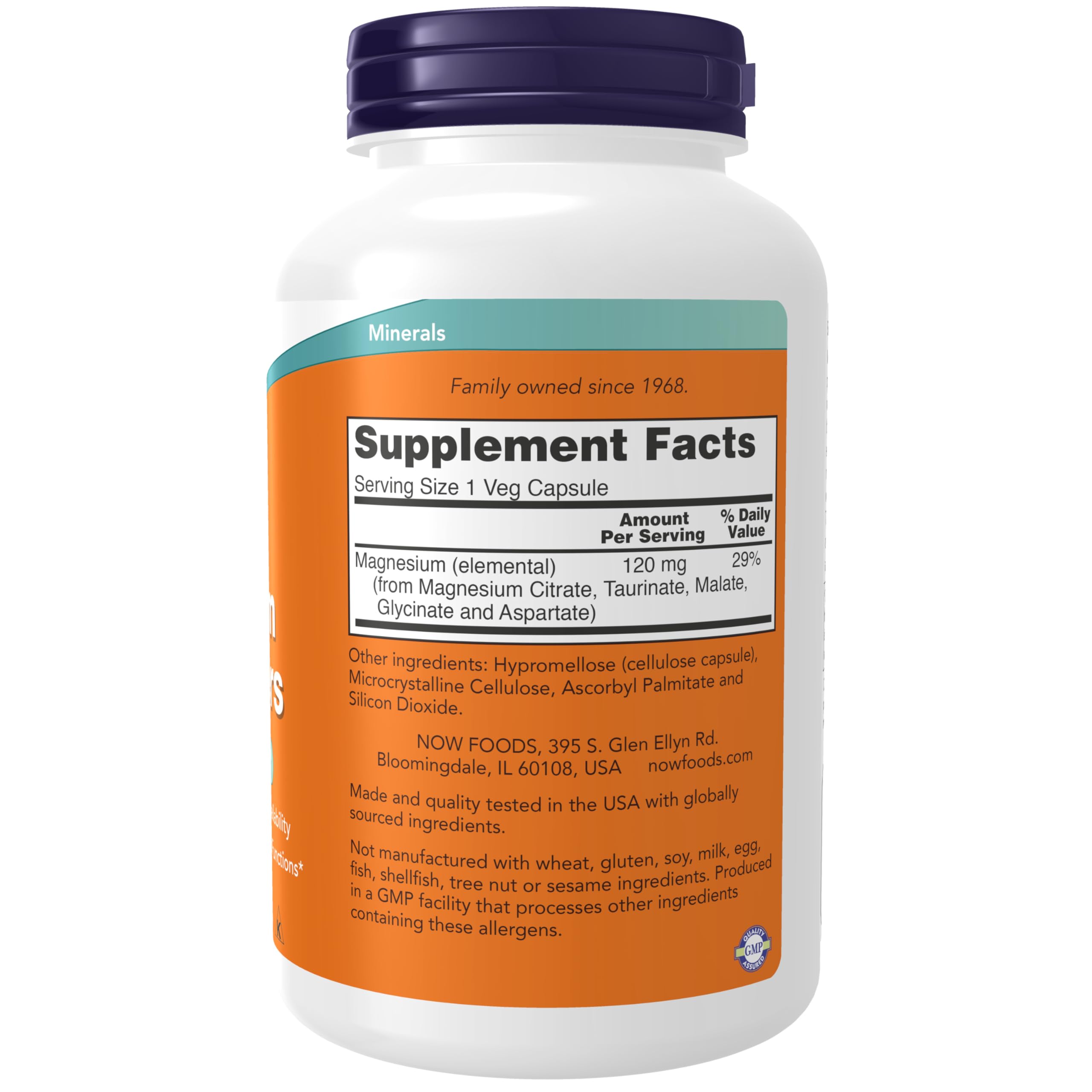 NOW Foods Magnesium Transporters 120mg bottle side view