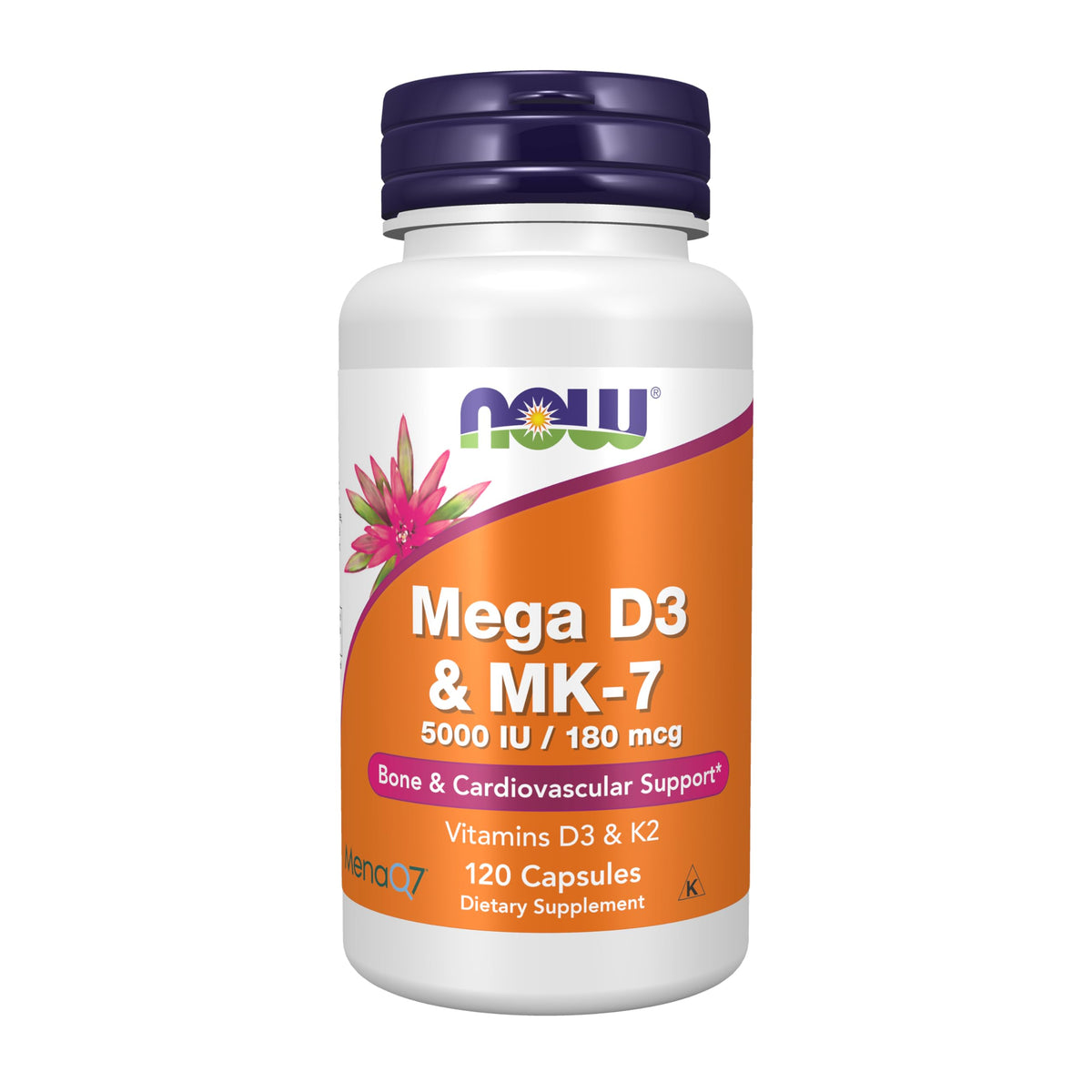 NOW Foods Mega D3 & MK-7 Vitamins D3 and K2 5000 IU front view
