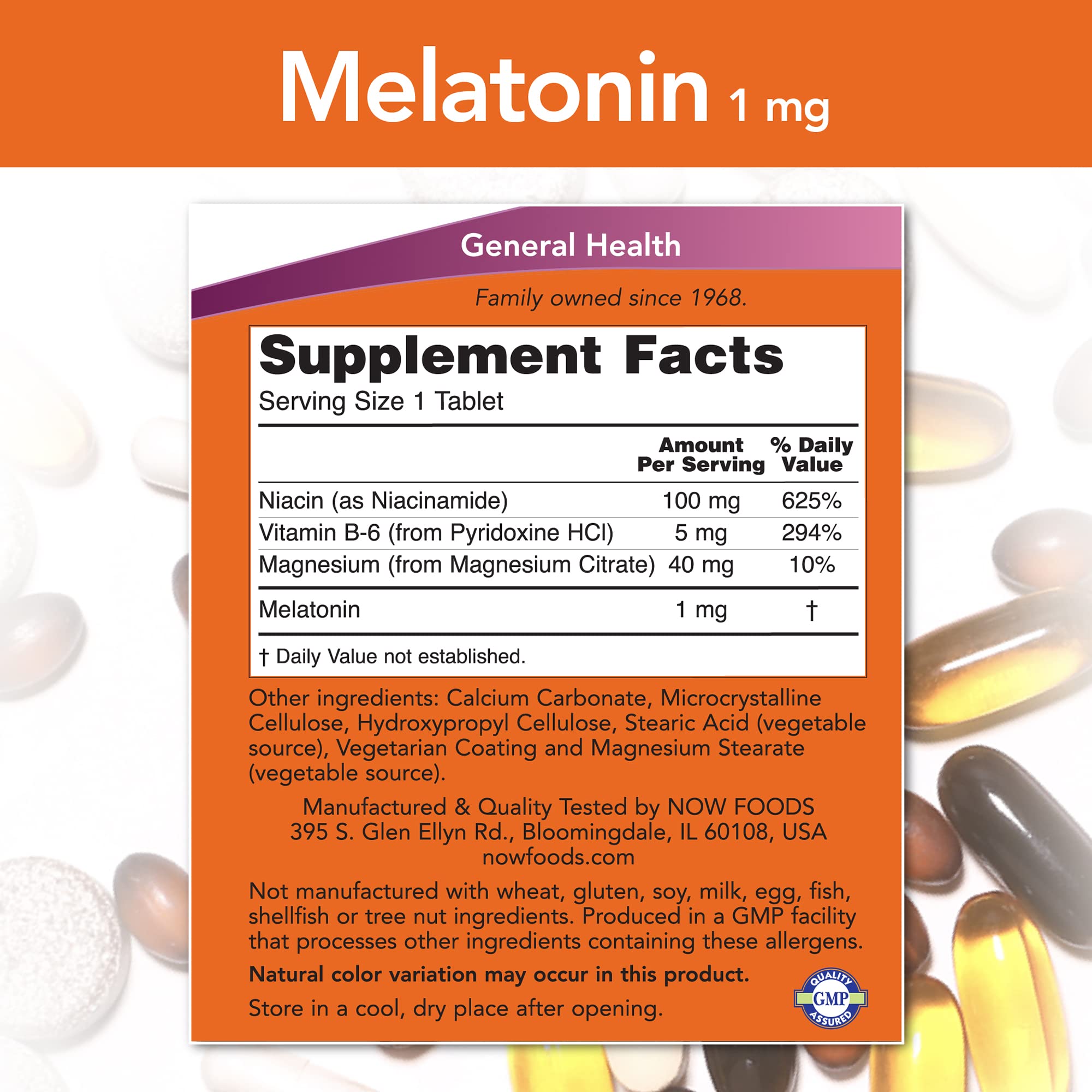 NOW Foods Melatonin 1 mg tablet side view showing dosage