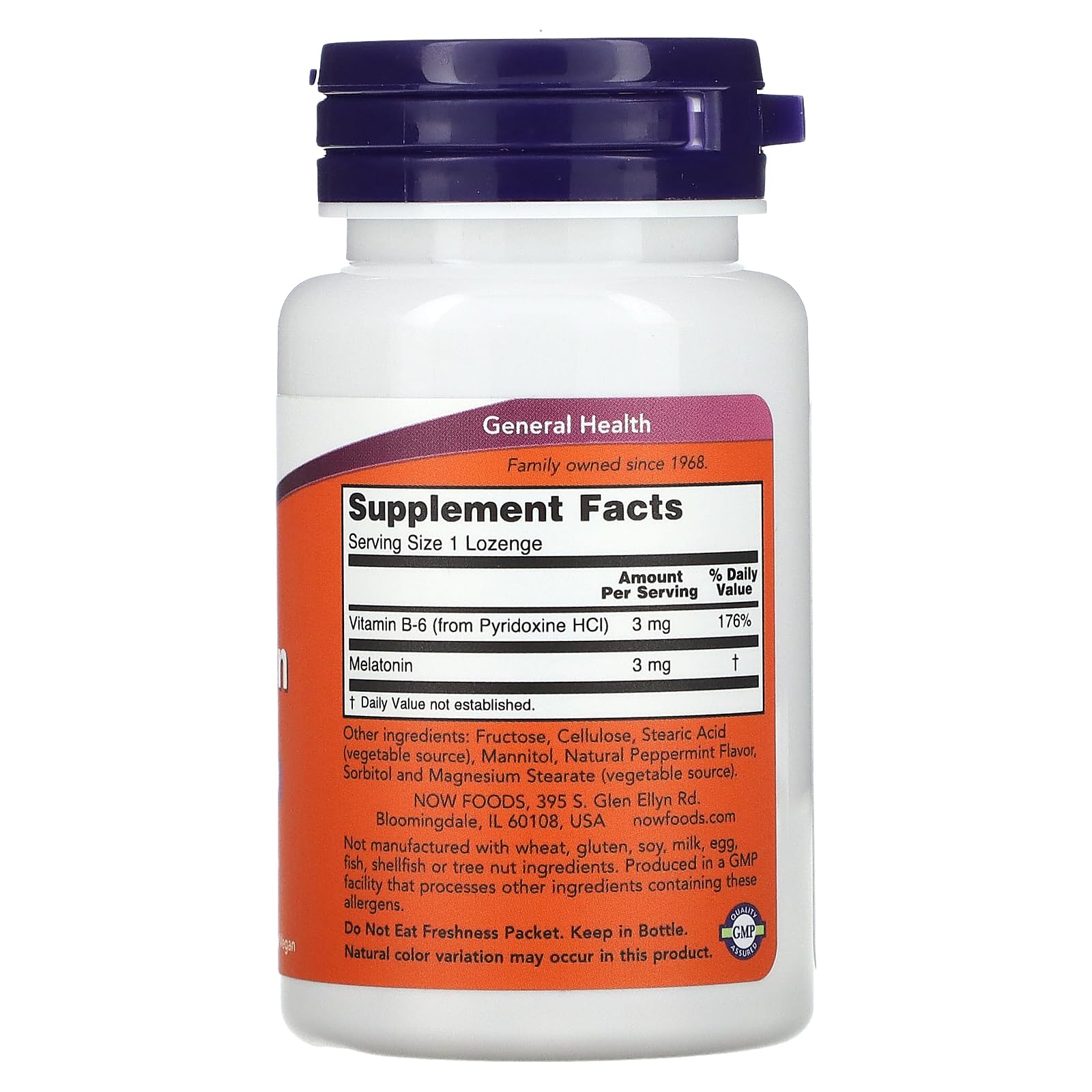 NOW Foods Melatonin 3 mg Chewable Lozenges back view showing ingredients
