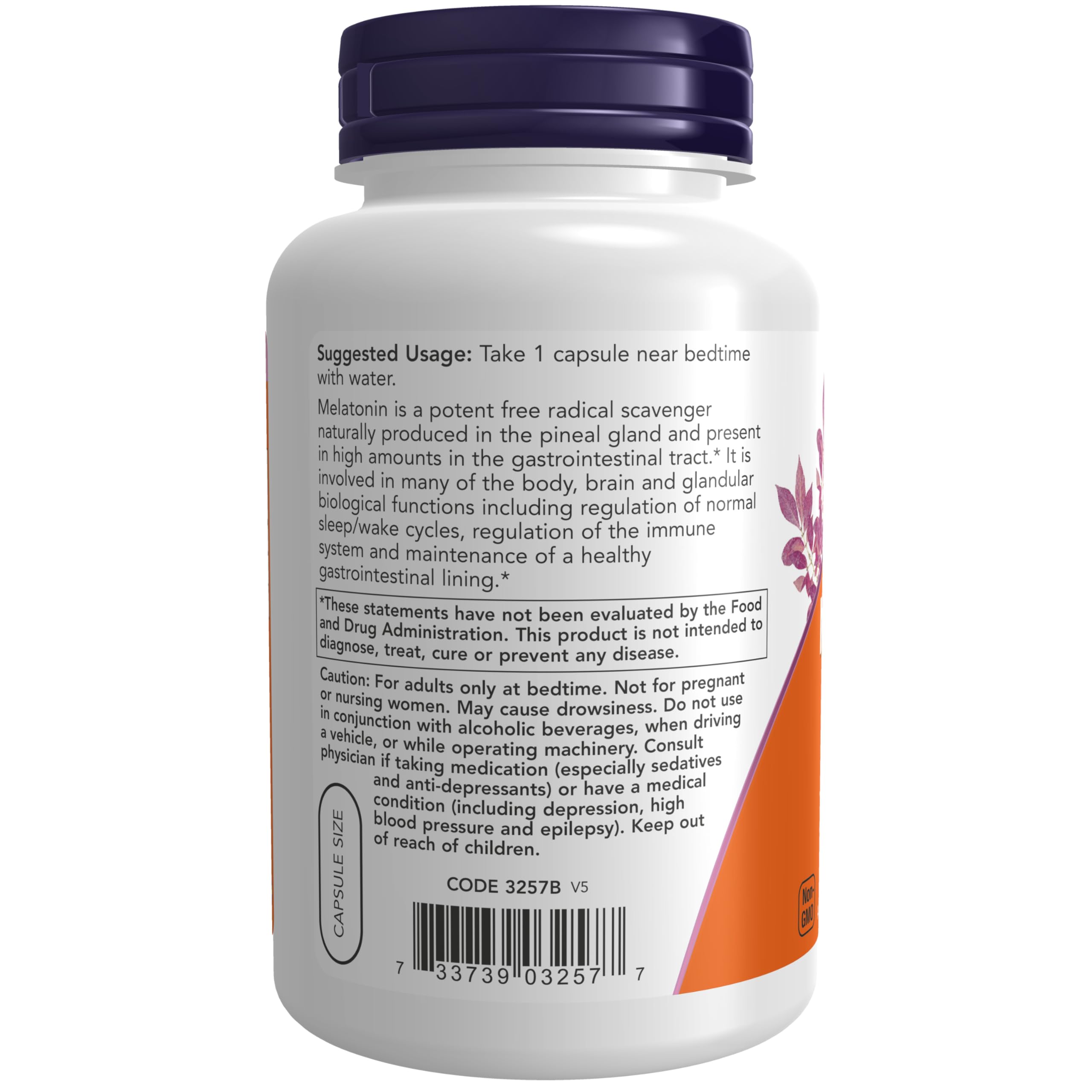 Now Foods Melatonin 3mg Capsules 180 Count side view