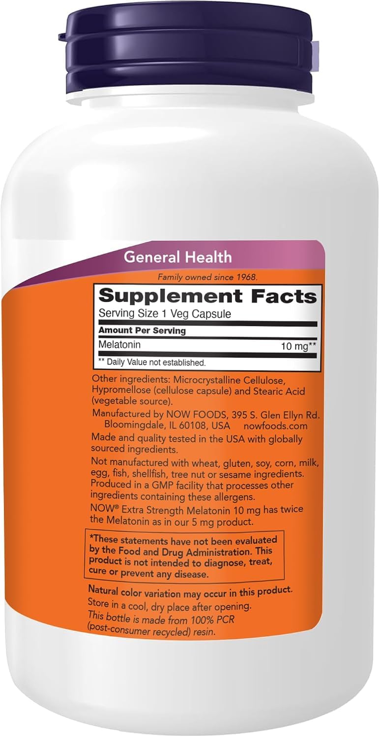 NOW Foods Melatonin Extra Strength 10 mg 200 Veg Capsules side view