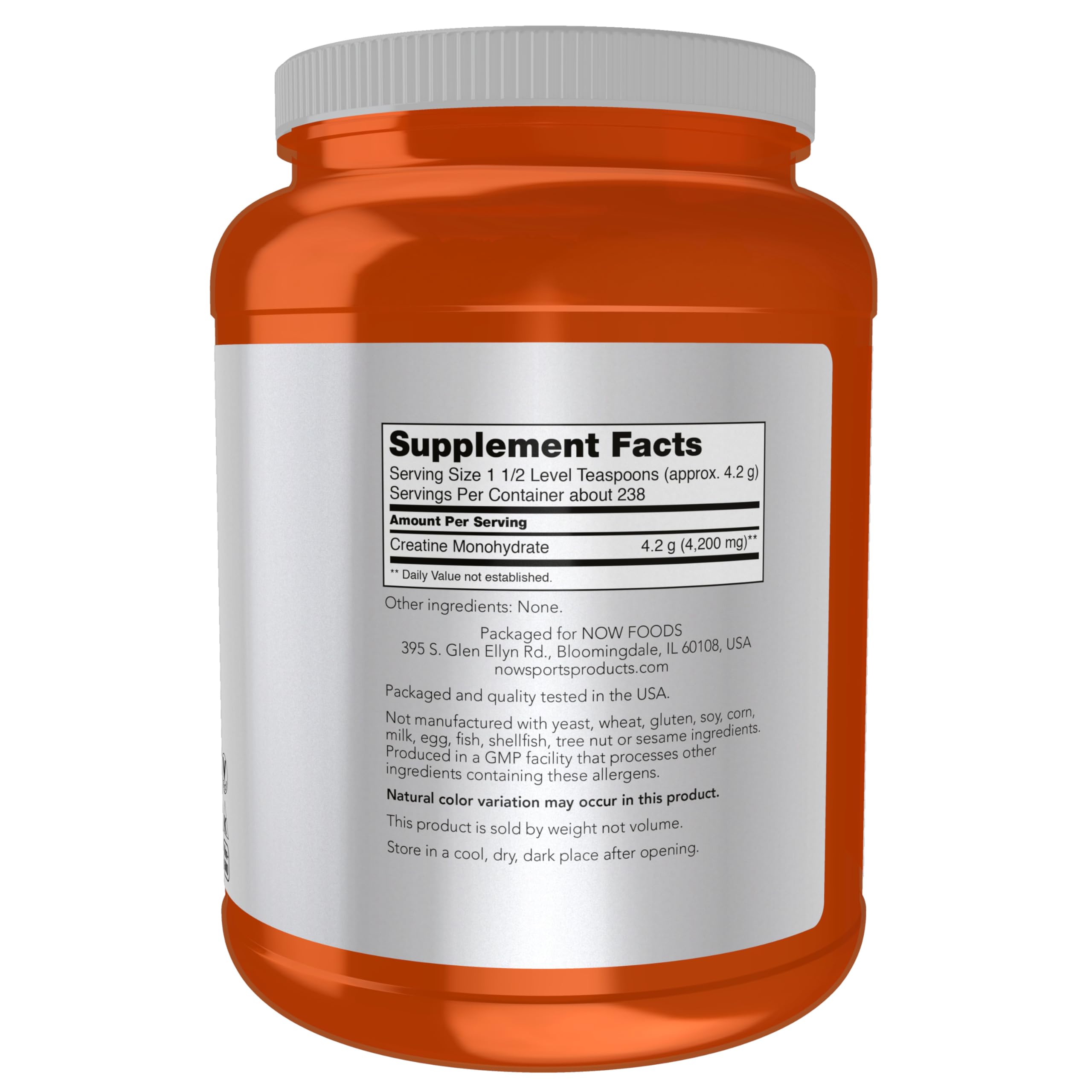 NOW Foods Micronized Creatine Monohydrate 1170g back view with nutritional information