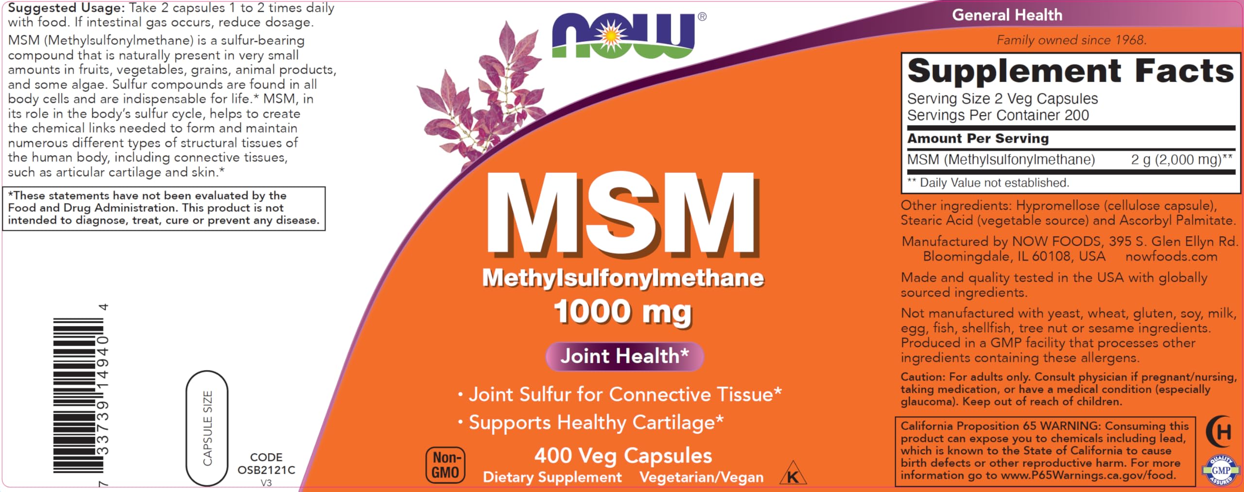 NOW Foods MSM 1000 mg bottle with label