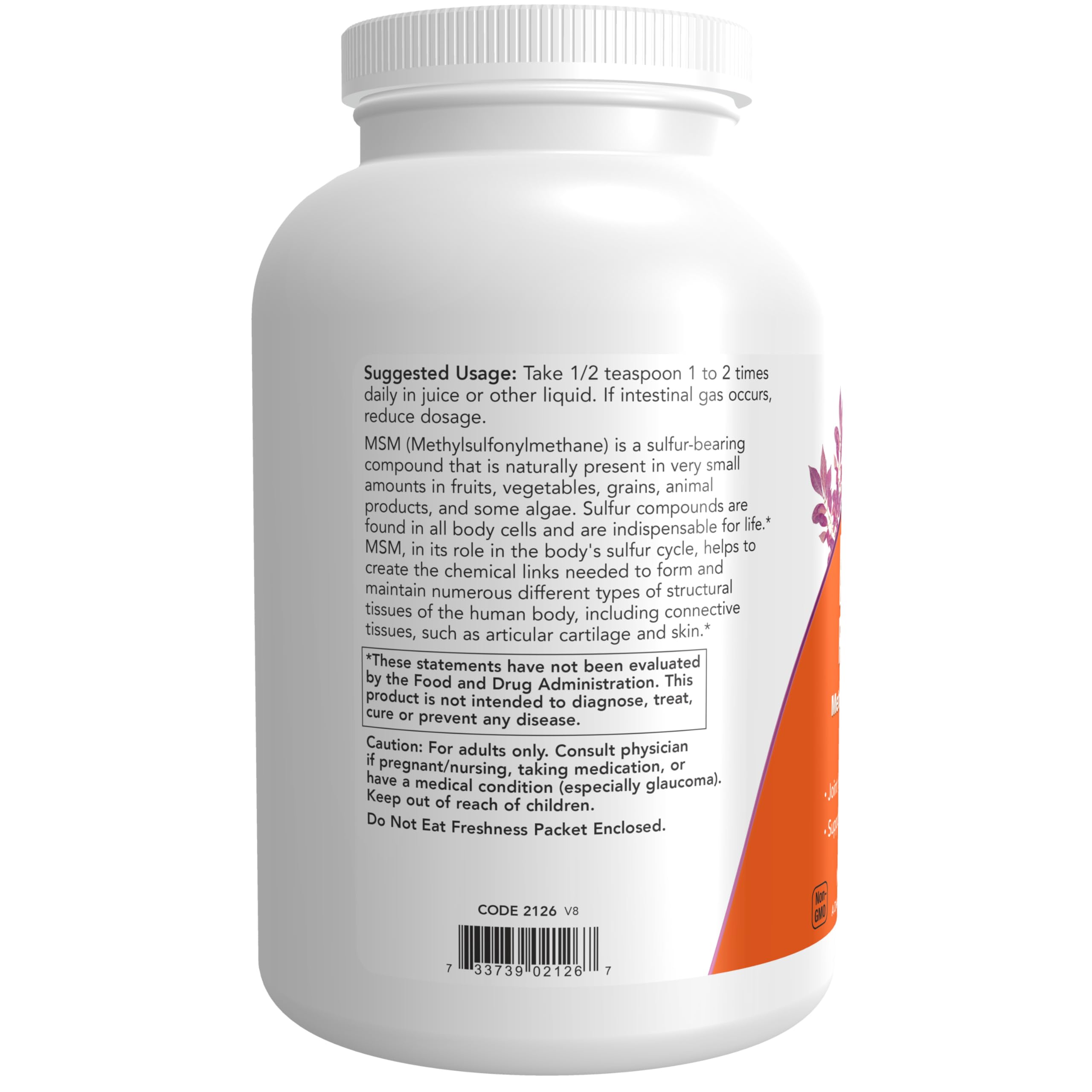 NOW Foods MSM Powder 522g back view with ingredient details