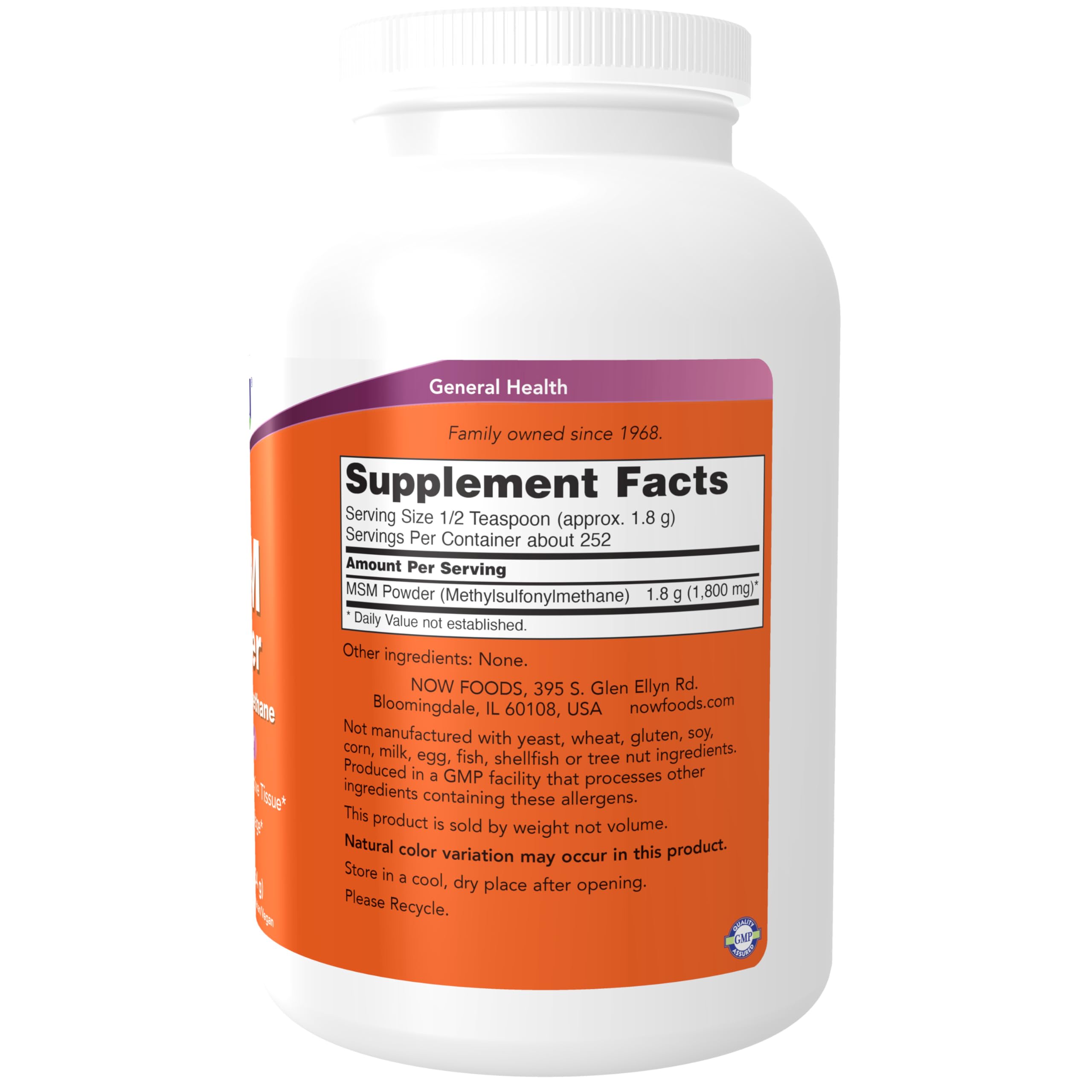 NOW Foods MSM Powder 522g packaging side view