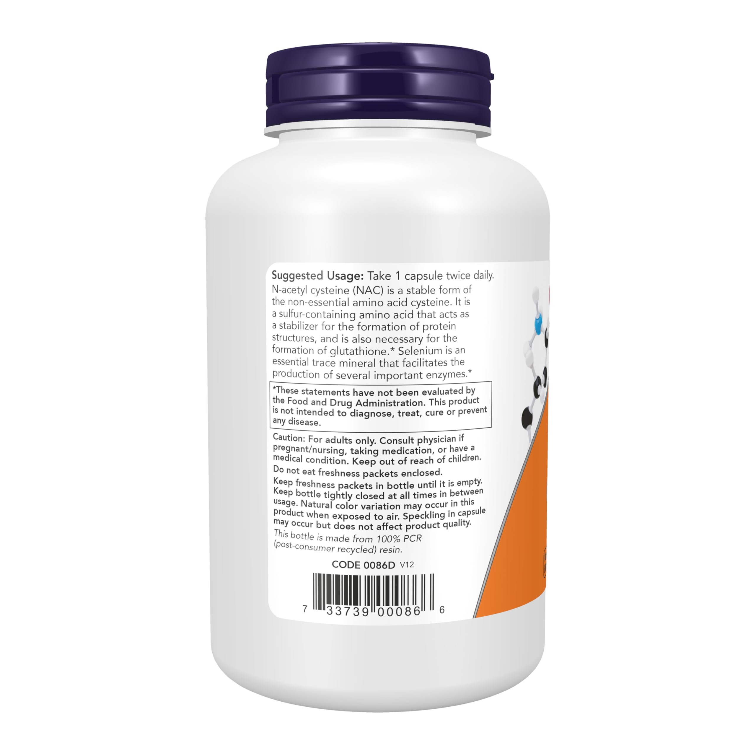 NOW Foods N-Acetyl Cysteine 600mg back view with ingredient list