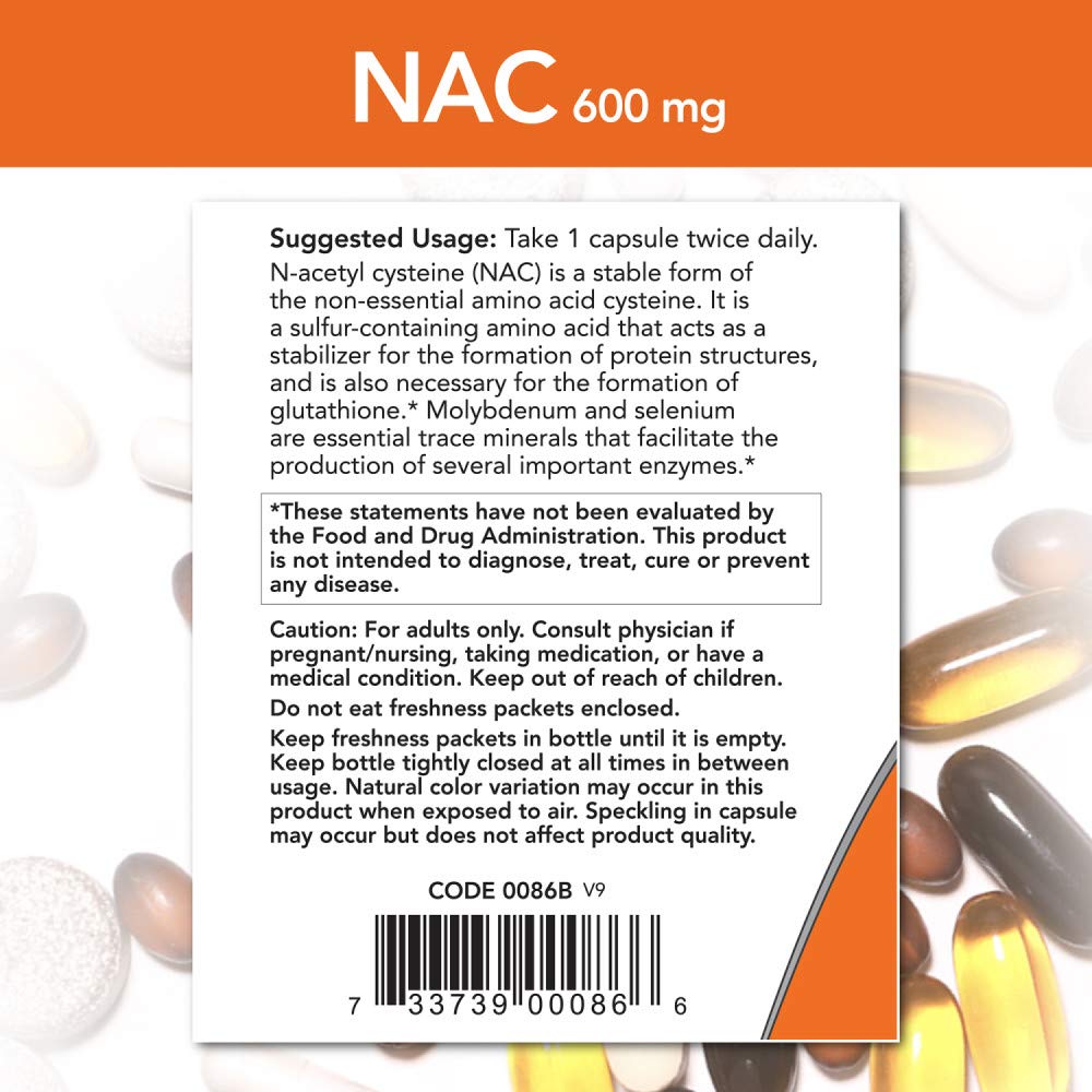 NOW Foods N-Acetyl Cysteine 600mg capsules with measuring spoon