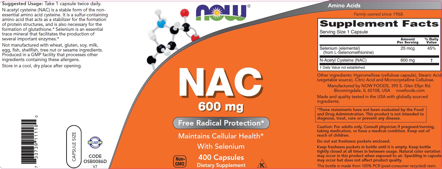 NOW Foods NAC 600 mg 400 Capsules capsules close-up