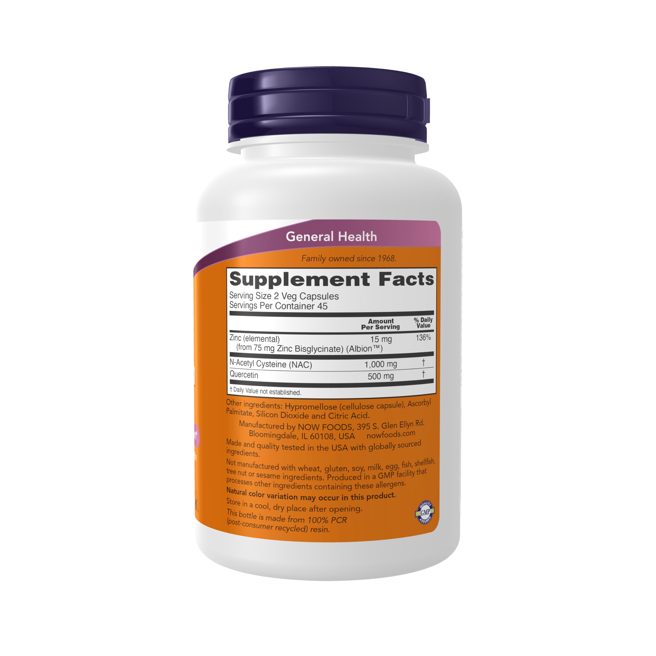 NOW Foods NAC Quercetin Zinc Supplement back view