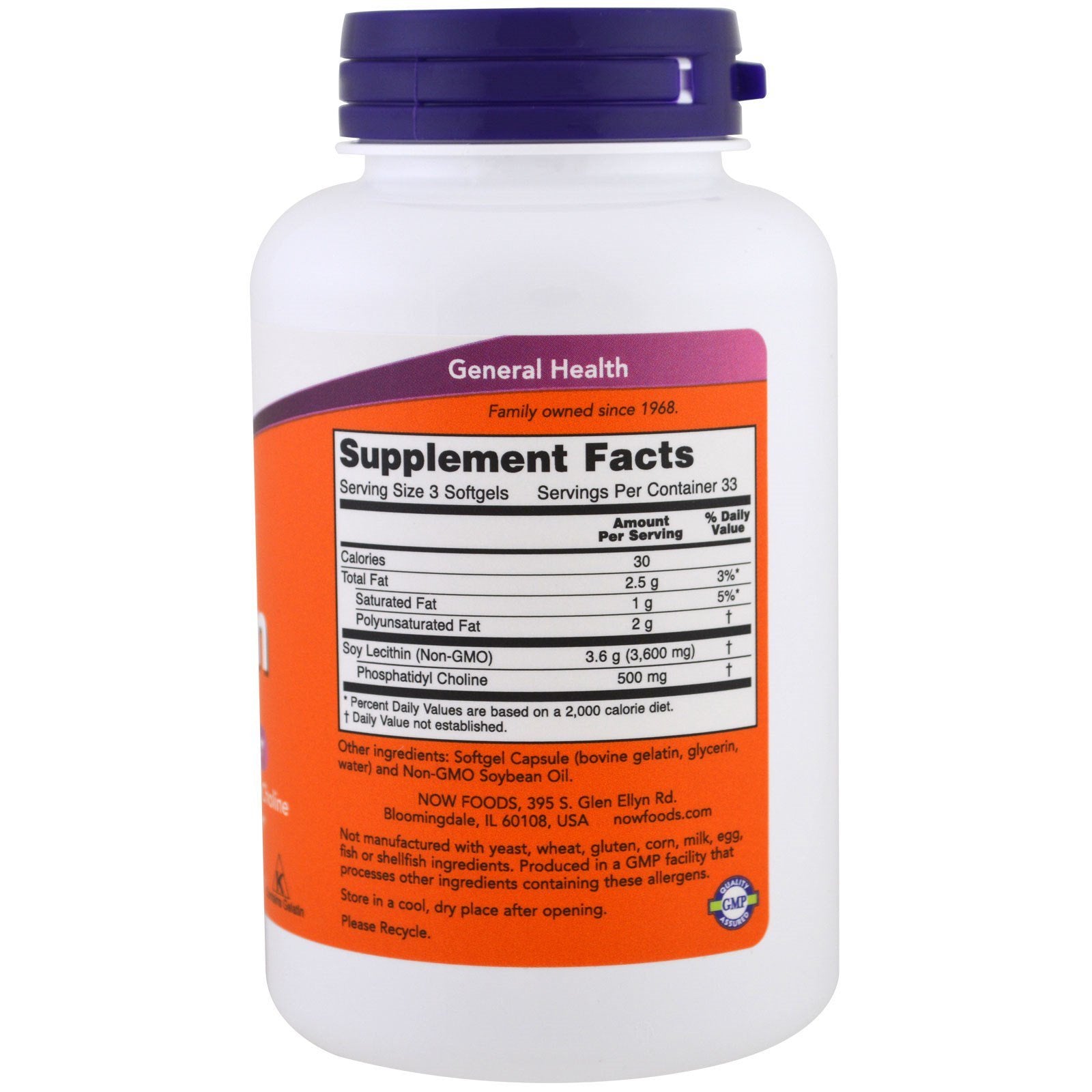 NOW Foods Non-GMO Lecithin Softgels 454g packaging and label