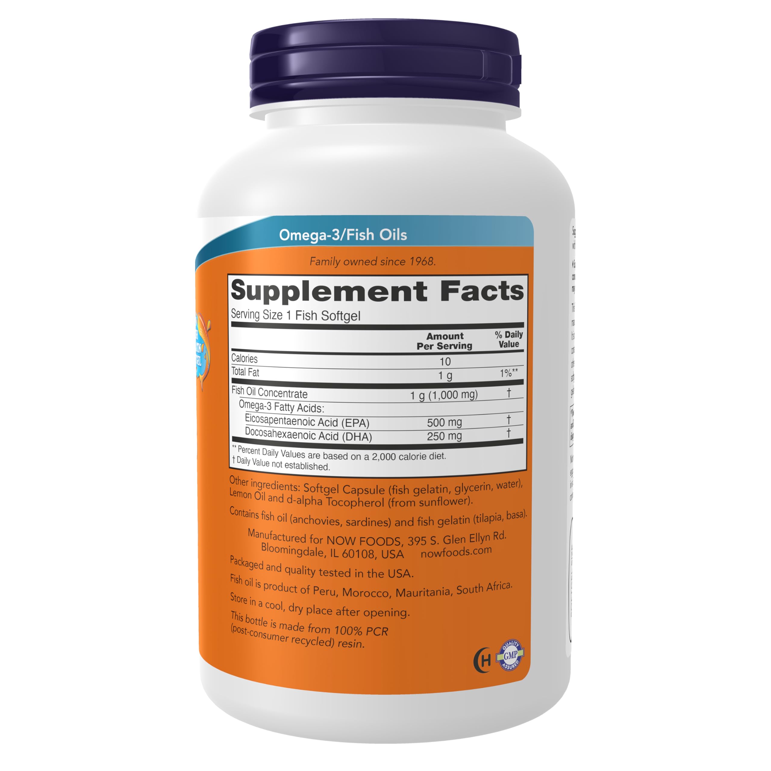 NOW Foods Omega-3 Fish Oil 1000mg 180 Softgels back view