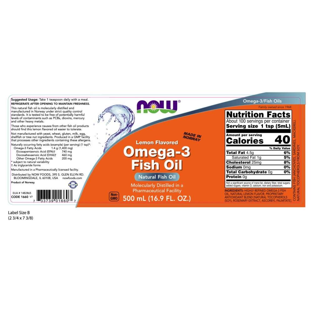 NOW Foods Omega-3 Fish Oil Lemon Flavoured 479g bottle side view