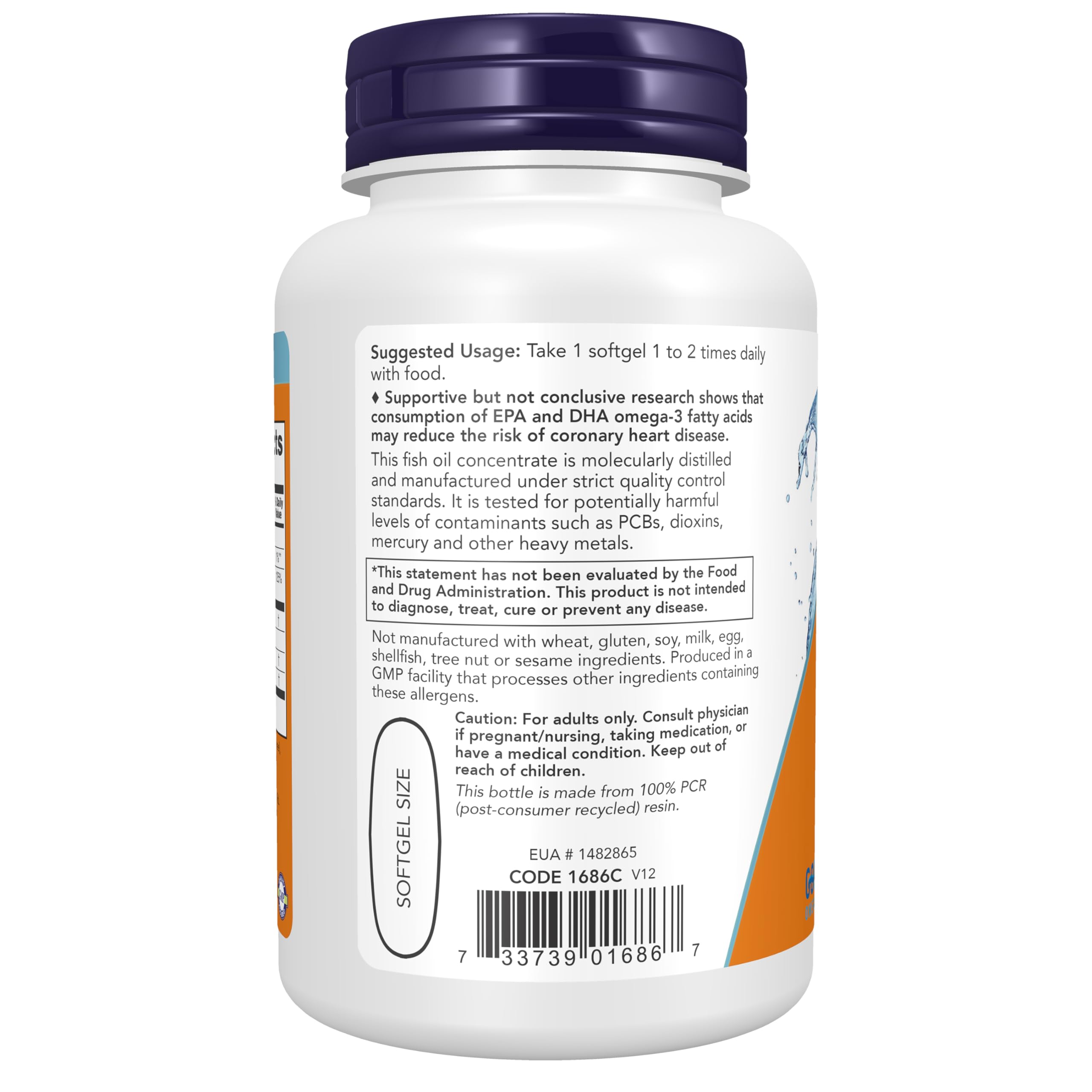 NOW Foods Omega-3 Fish Oil Softgels back view with ingredient details
