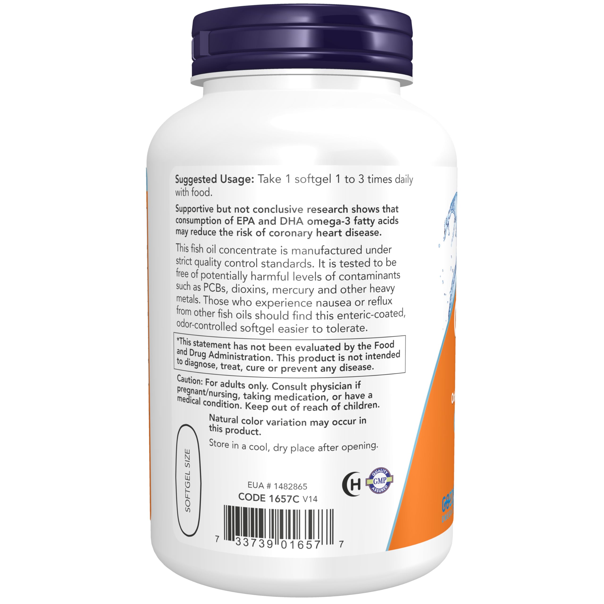 NOW Foods Omega-3 Fish Oil Softgels side view of bottle
