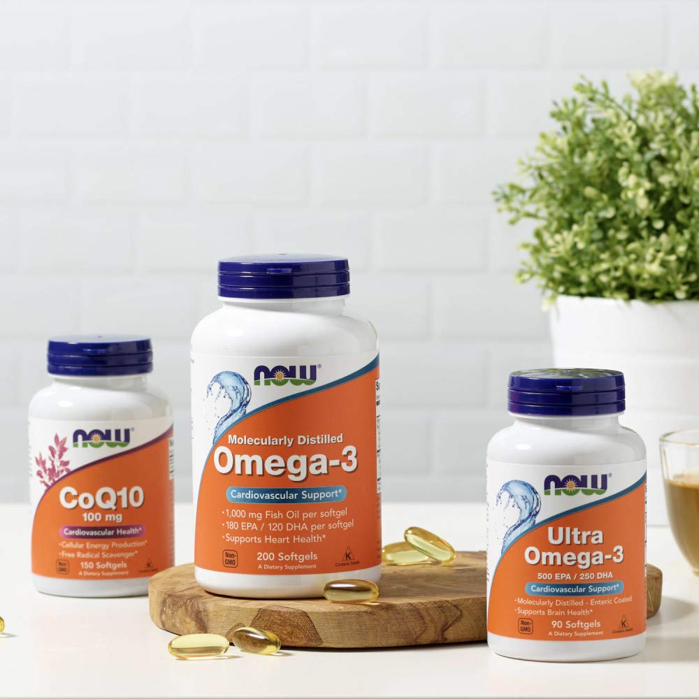 NOW Foods Omega-3 Fish Oil Supplement bottle with capsules