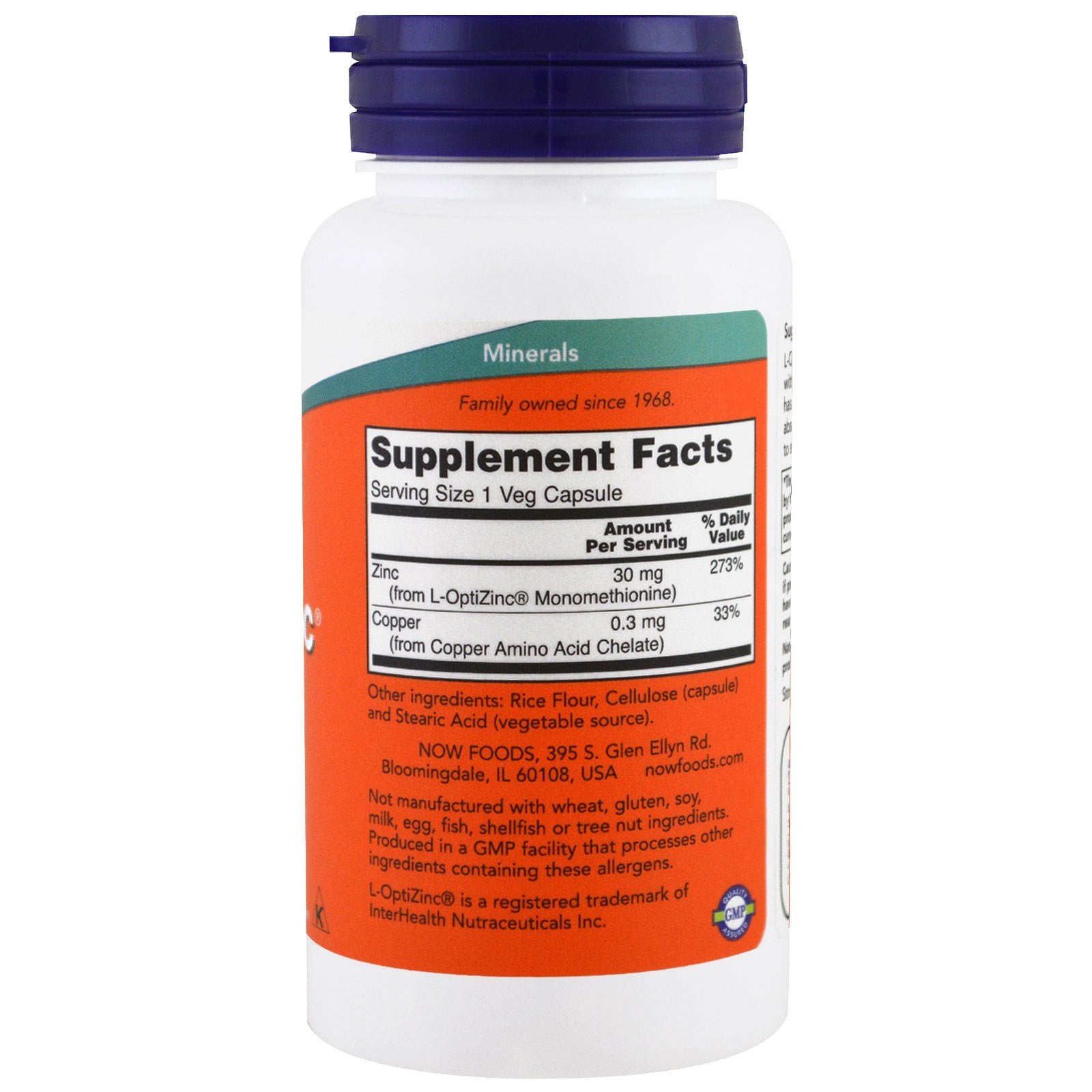 NOW Foods Opti L-Zinc 30mg with Copper 100 Capsules side view