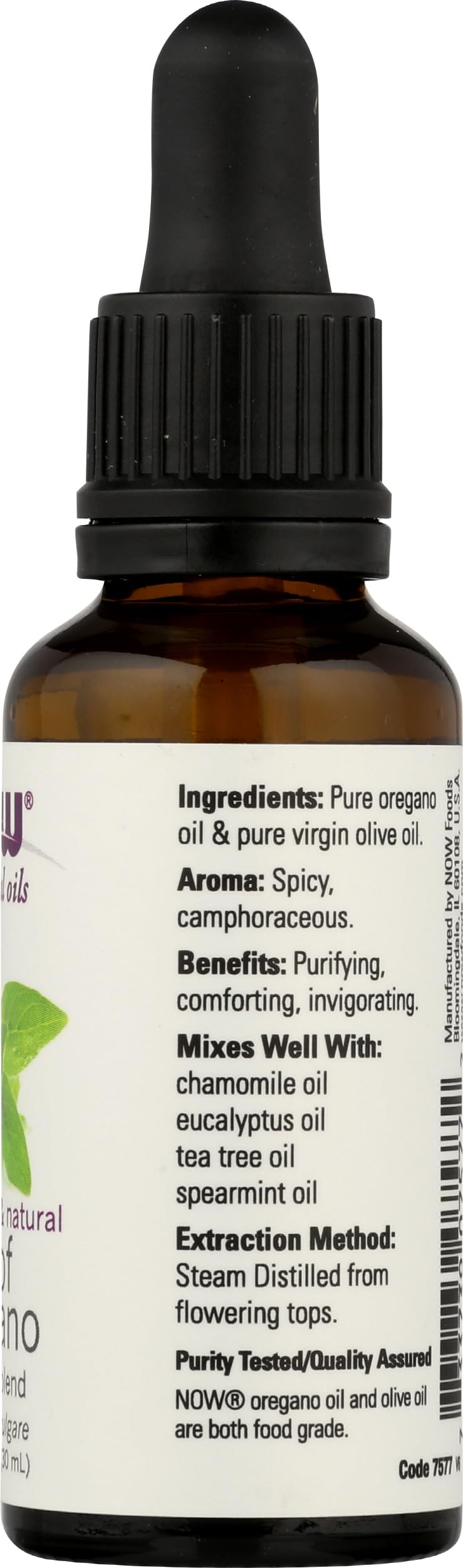 NOW Foods Oregano Oil 25% 1 oz on a wooden table