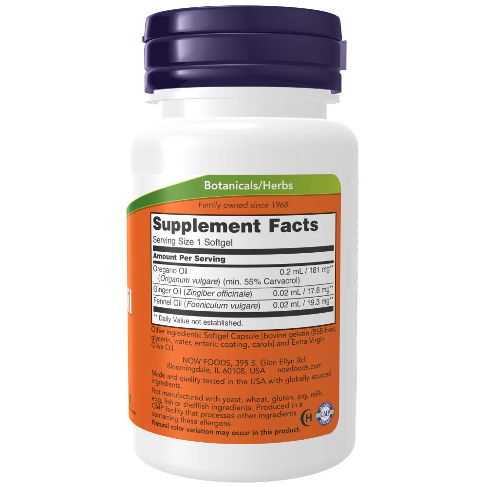 NOW Foods Oregano Oil Softgels side view showing softgel capsule