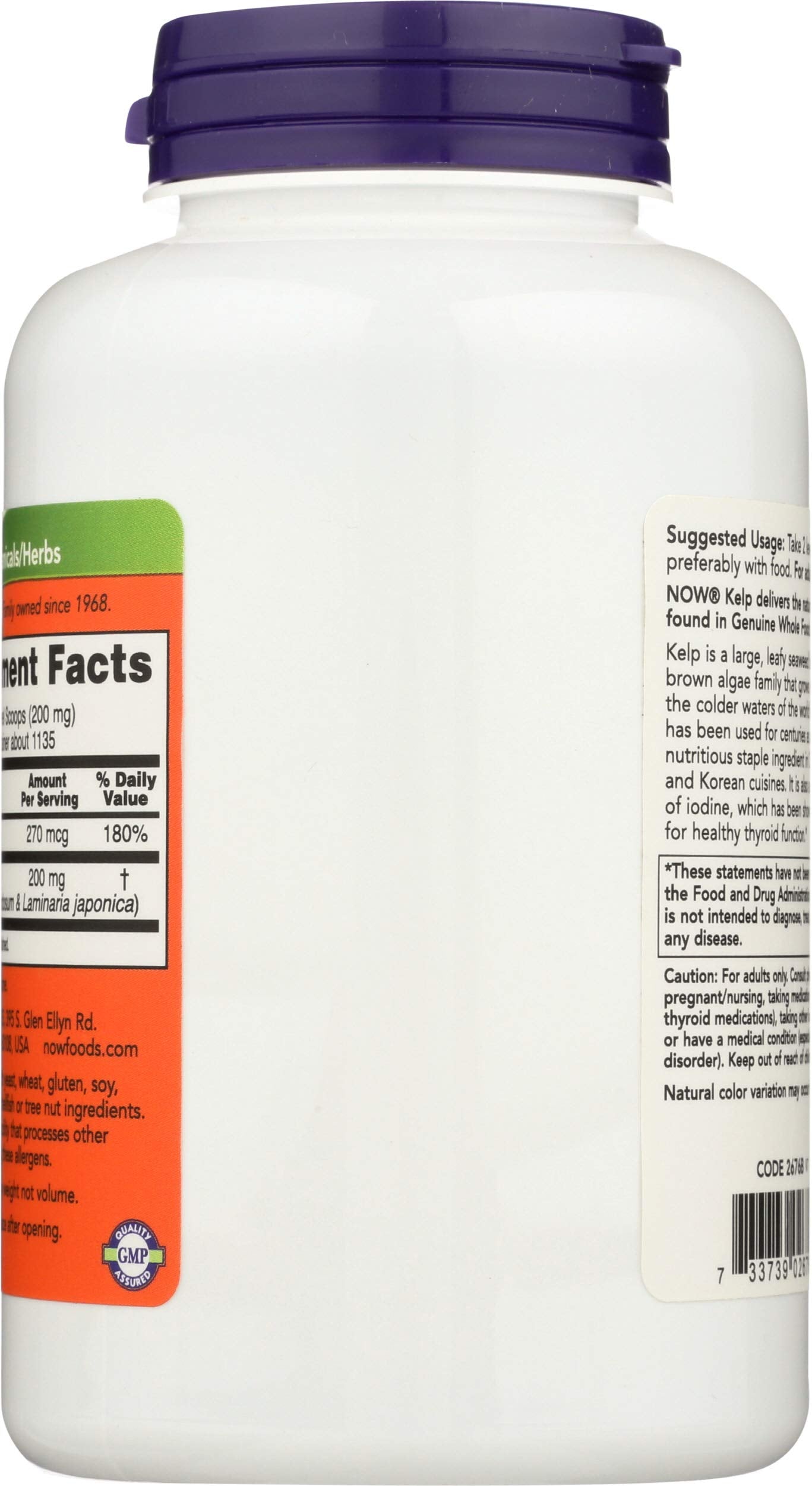 NOW Foods Organic Kelp Powder 200g opened packaging showing powder