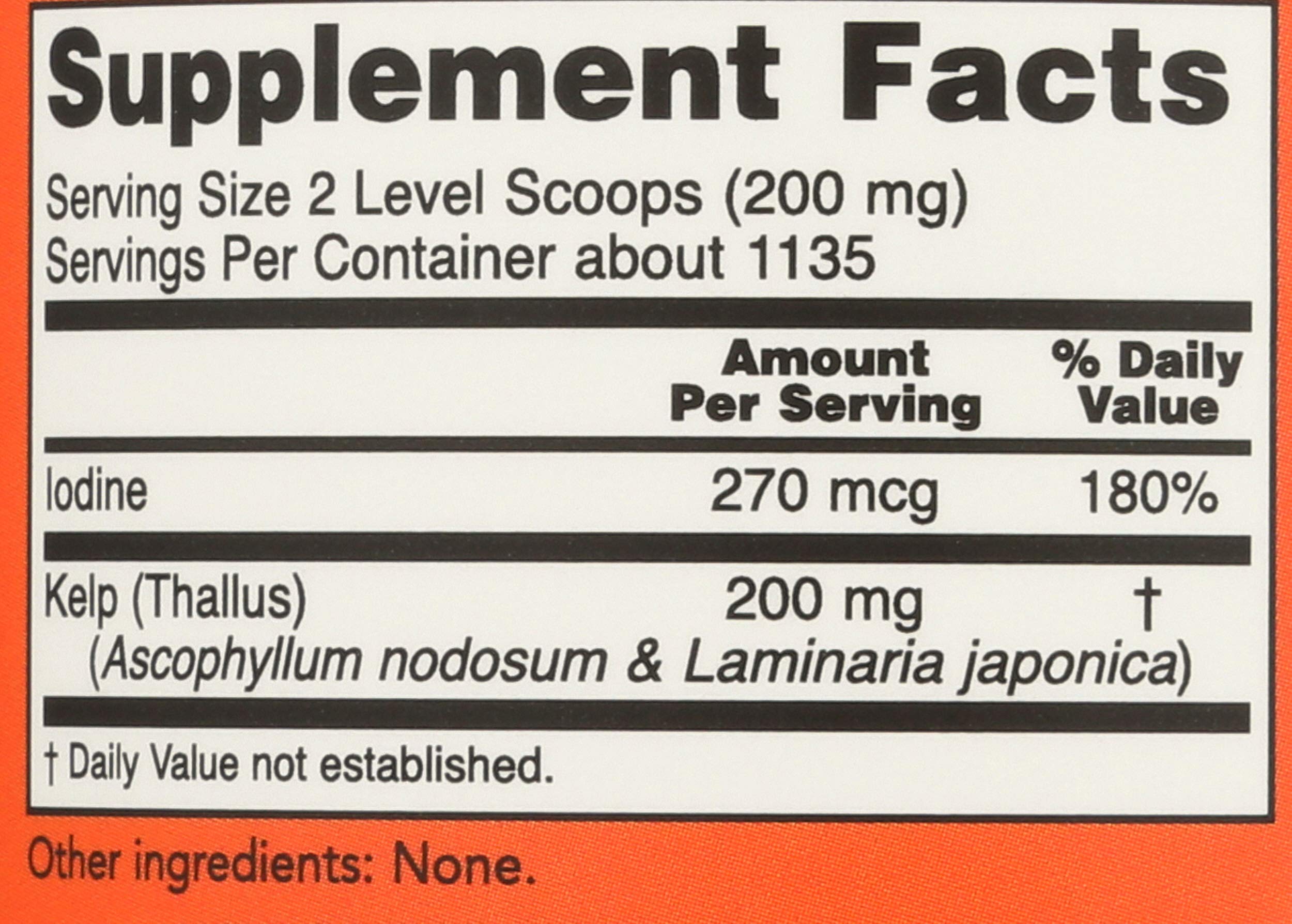 NOW Foods Organic Kelp Powder 200g side view with nutritional information