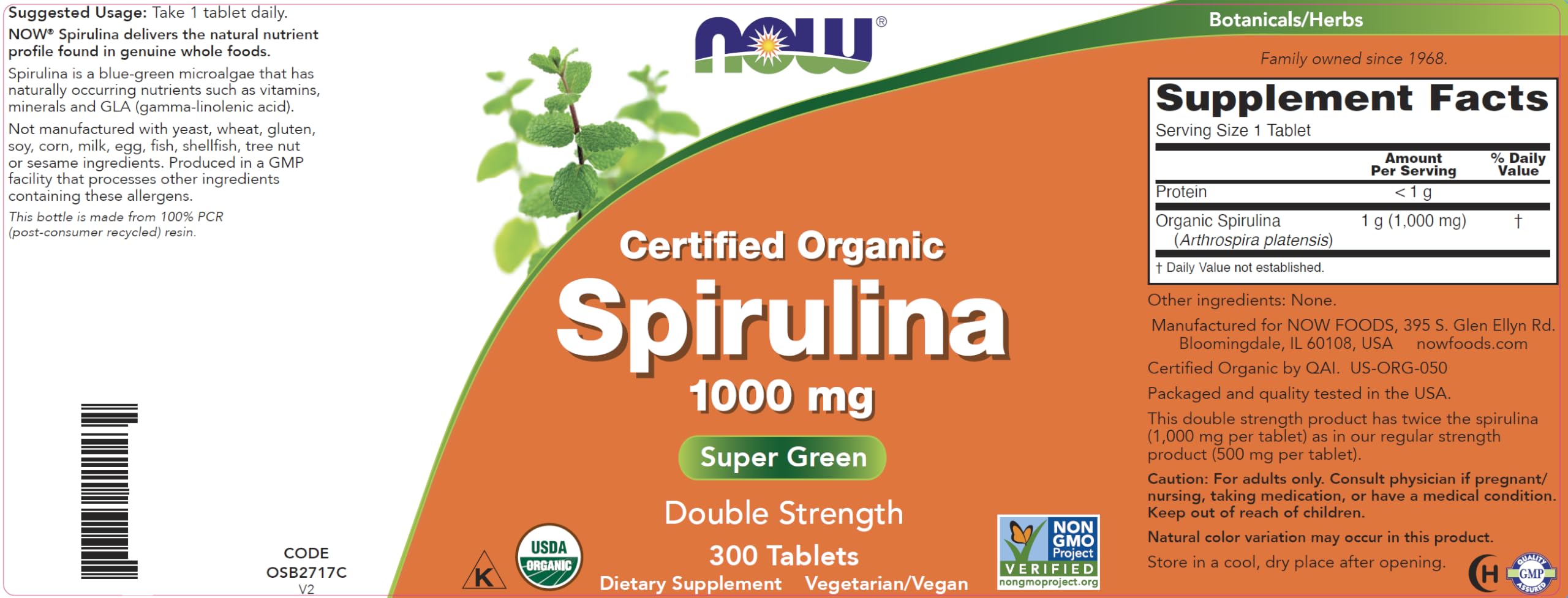 NOW Foods Organic Spirulina 1000mg Tablets in hand for scale