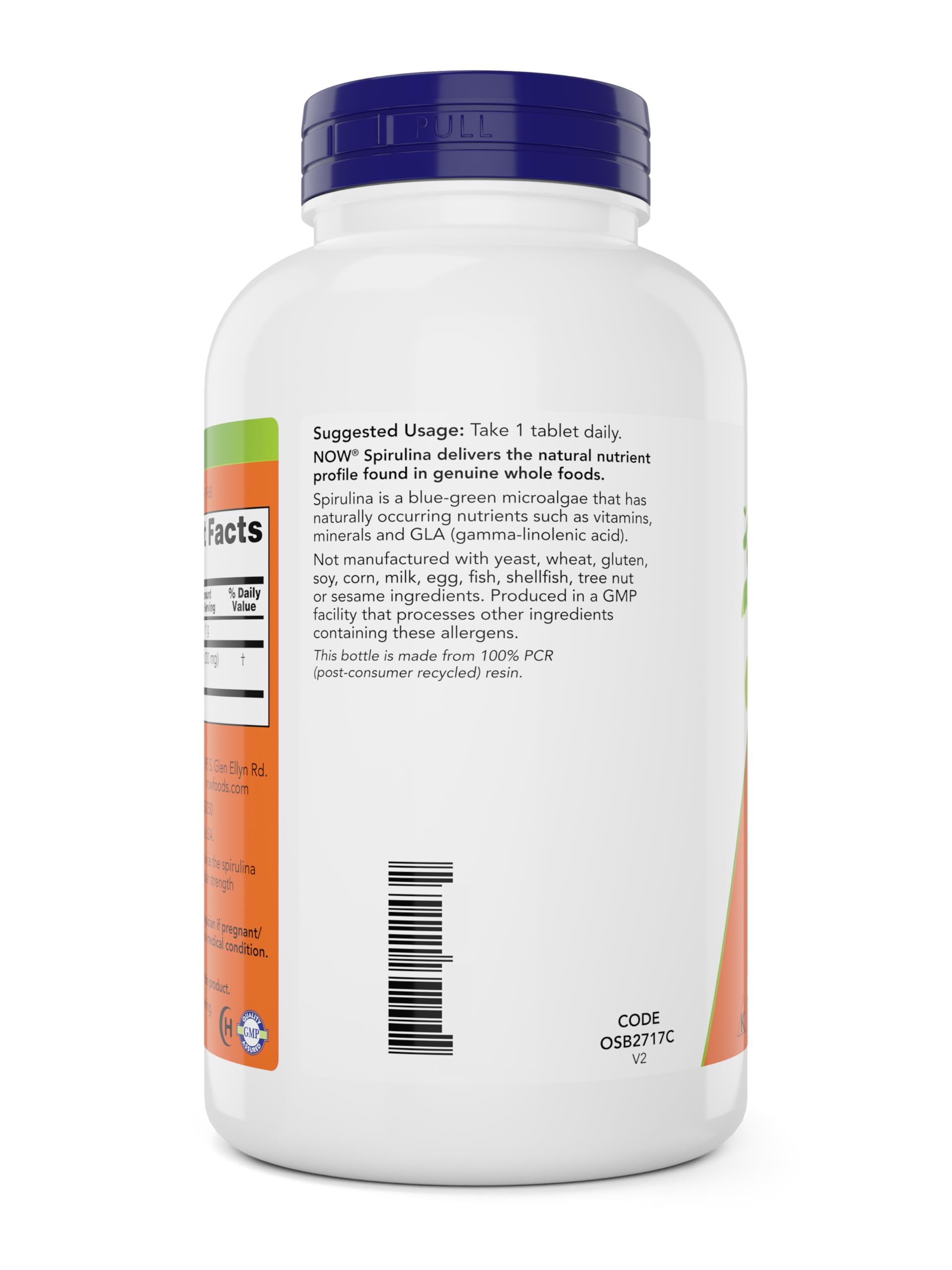 NOW Foods Organic Spirulina 1000mg Tablets side view