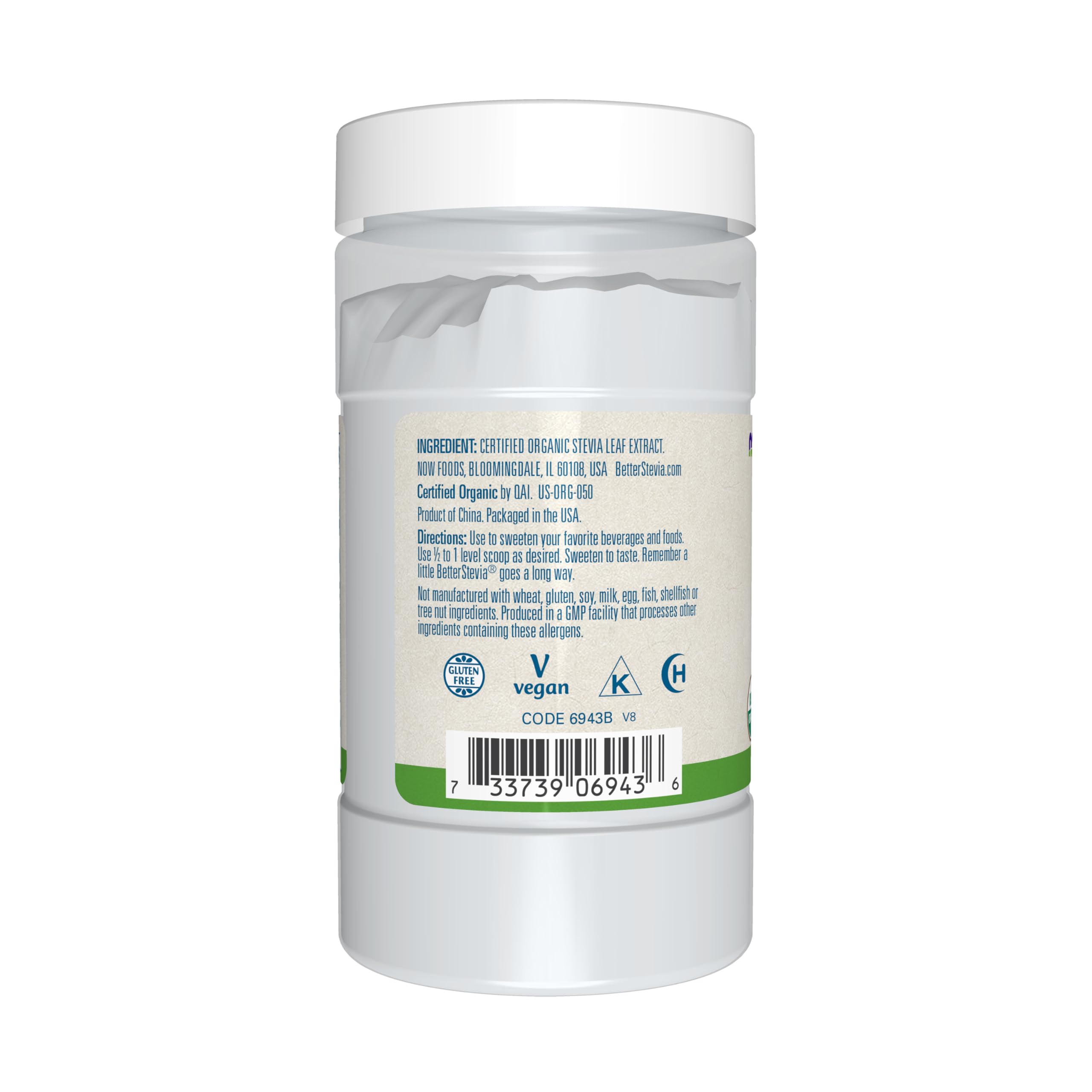 NOW Foods Organic Stevia 159g side view showing packaging