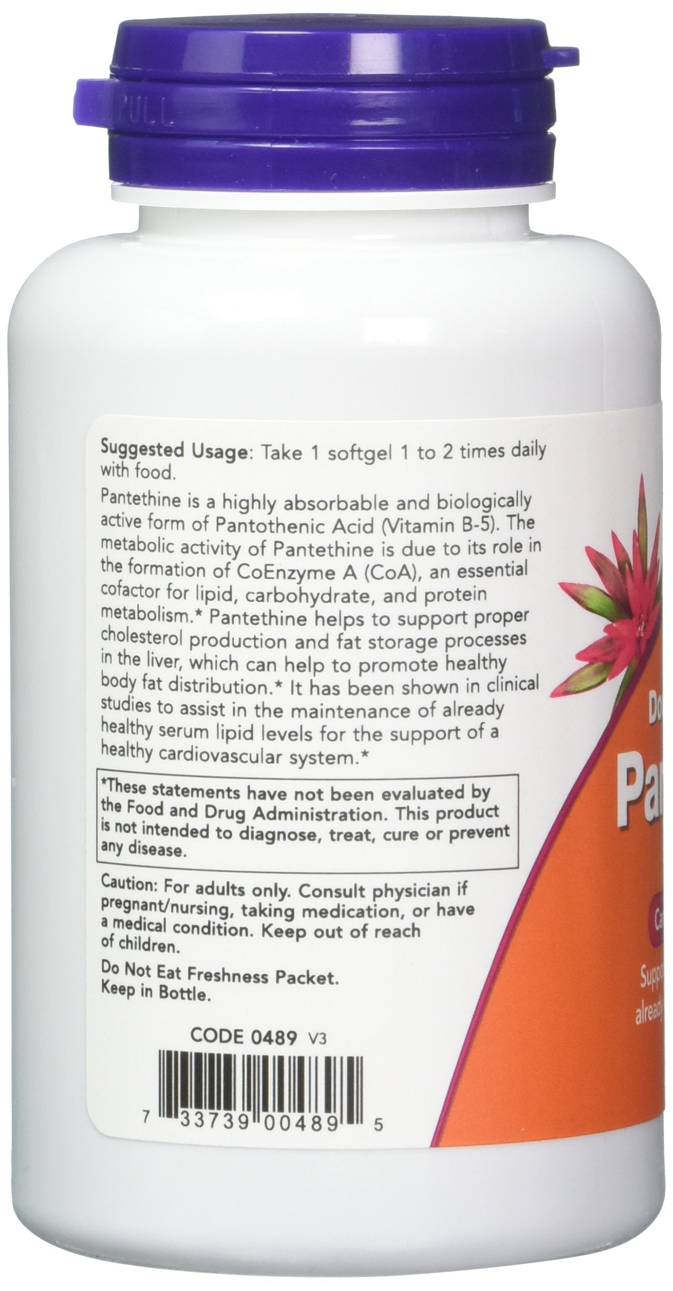 NOW Foods Pantethine Softgels 600mg back view with ingredients