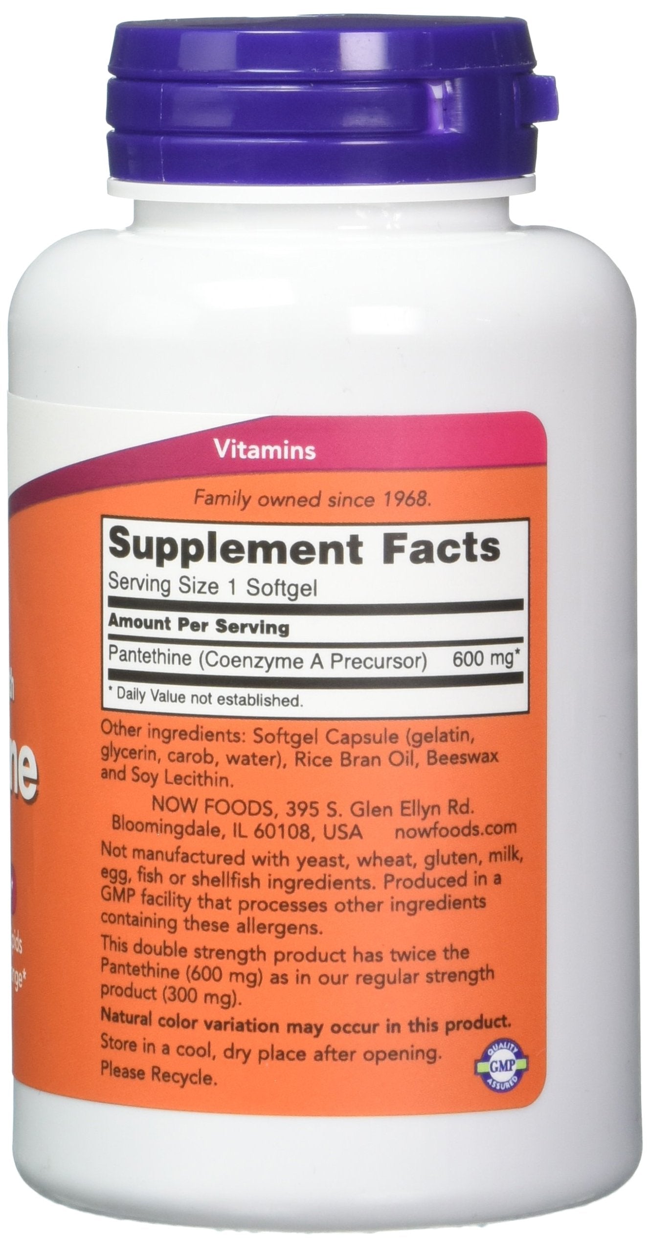 NOW Foods Pantethine Softgels 600mg side view showing softgel capsules