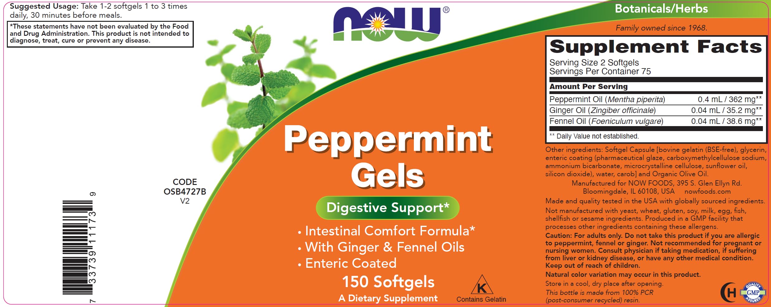 NOW Foods Peppermint Gels ingredients list on bottle