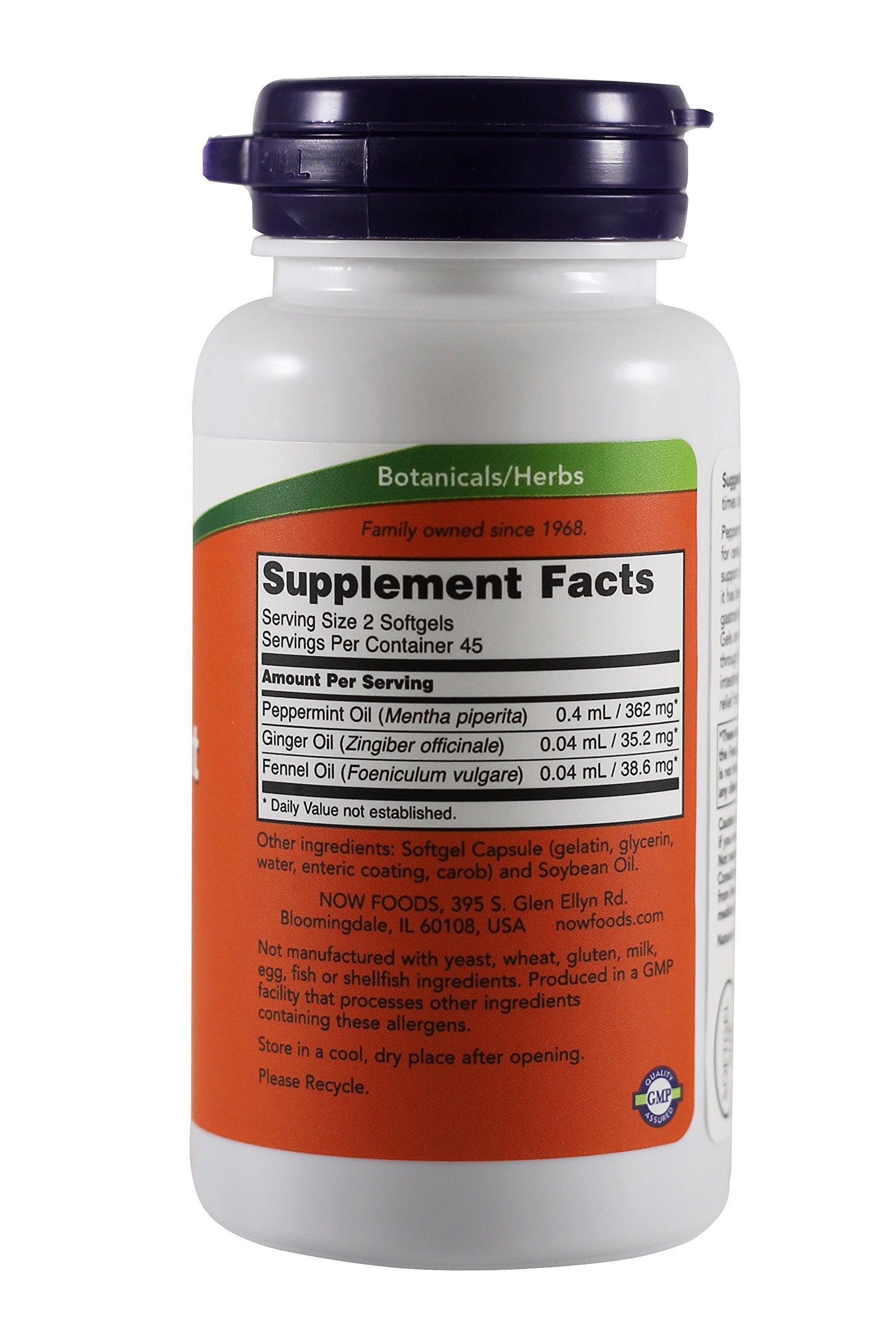 NOW Foods Peppermint Oil Gels 227g side view showing capsules