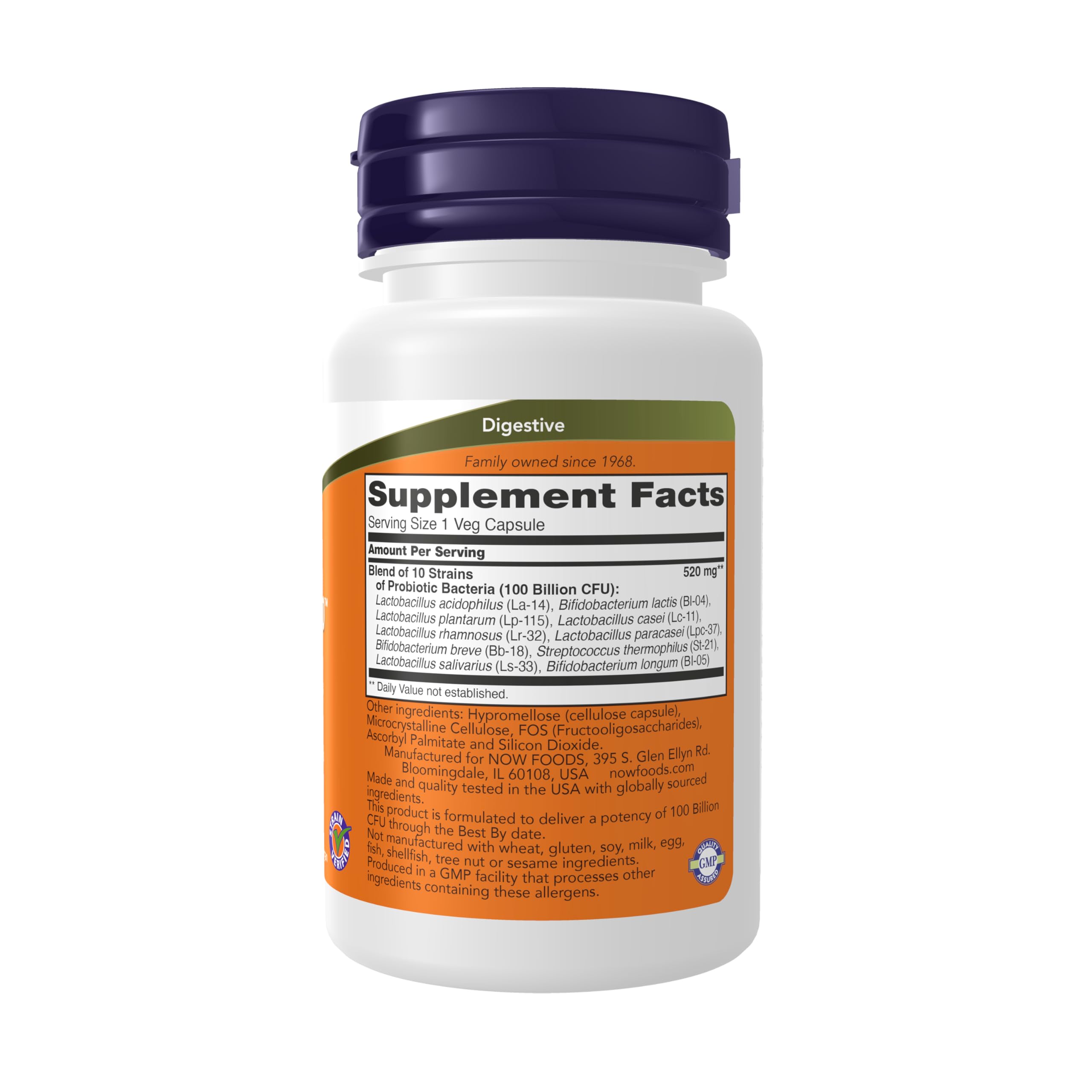 NOW Foods Probiotic-10 100 Billion CFU capsules side view