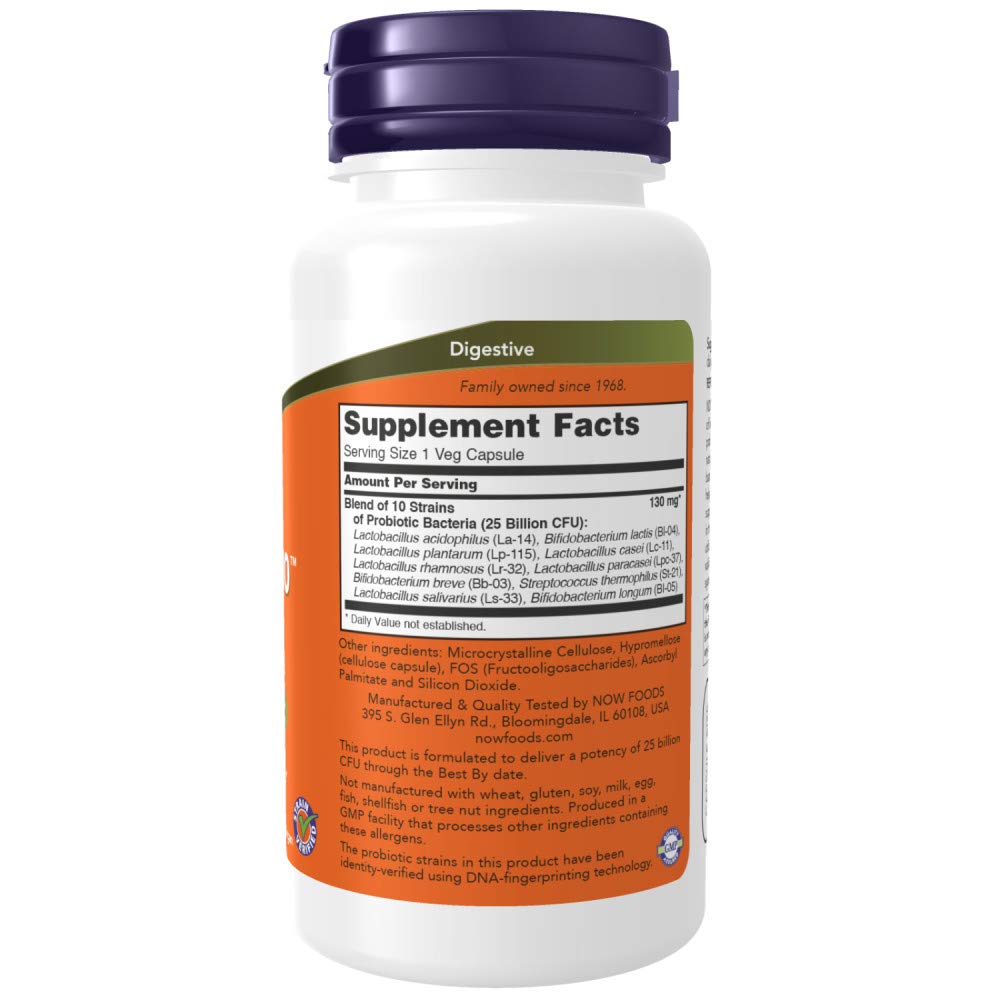 NOW Foods Probiotic-10 25 Billion CFU 100 Veg Capsules side view
