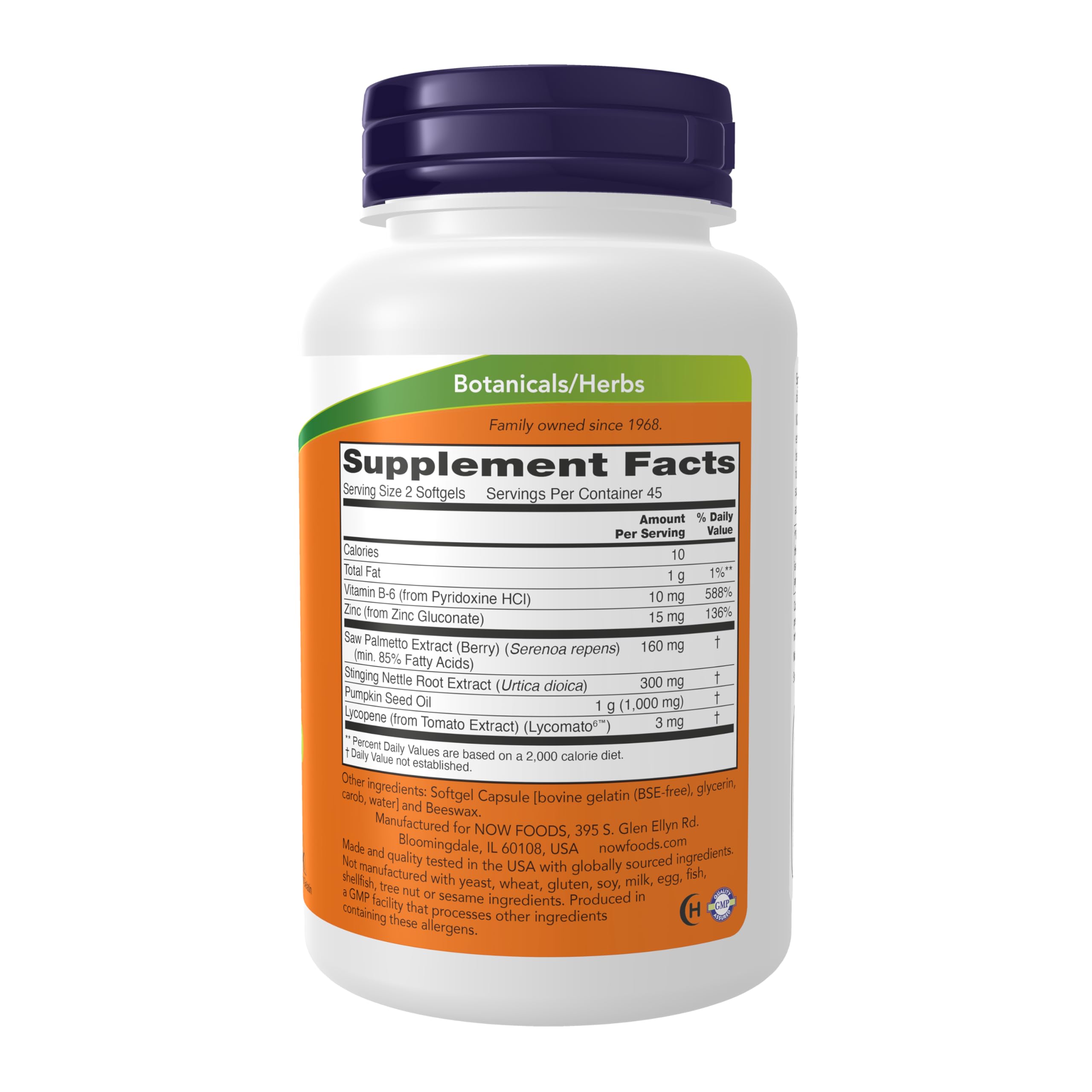 NOW Foods Prostate Support Supplement 95g back view with ingredients
