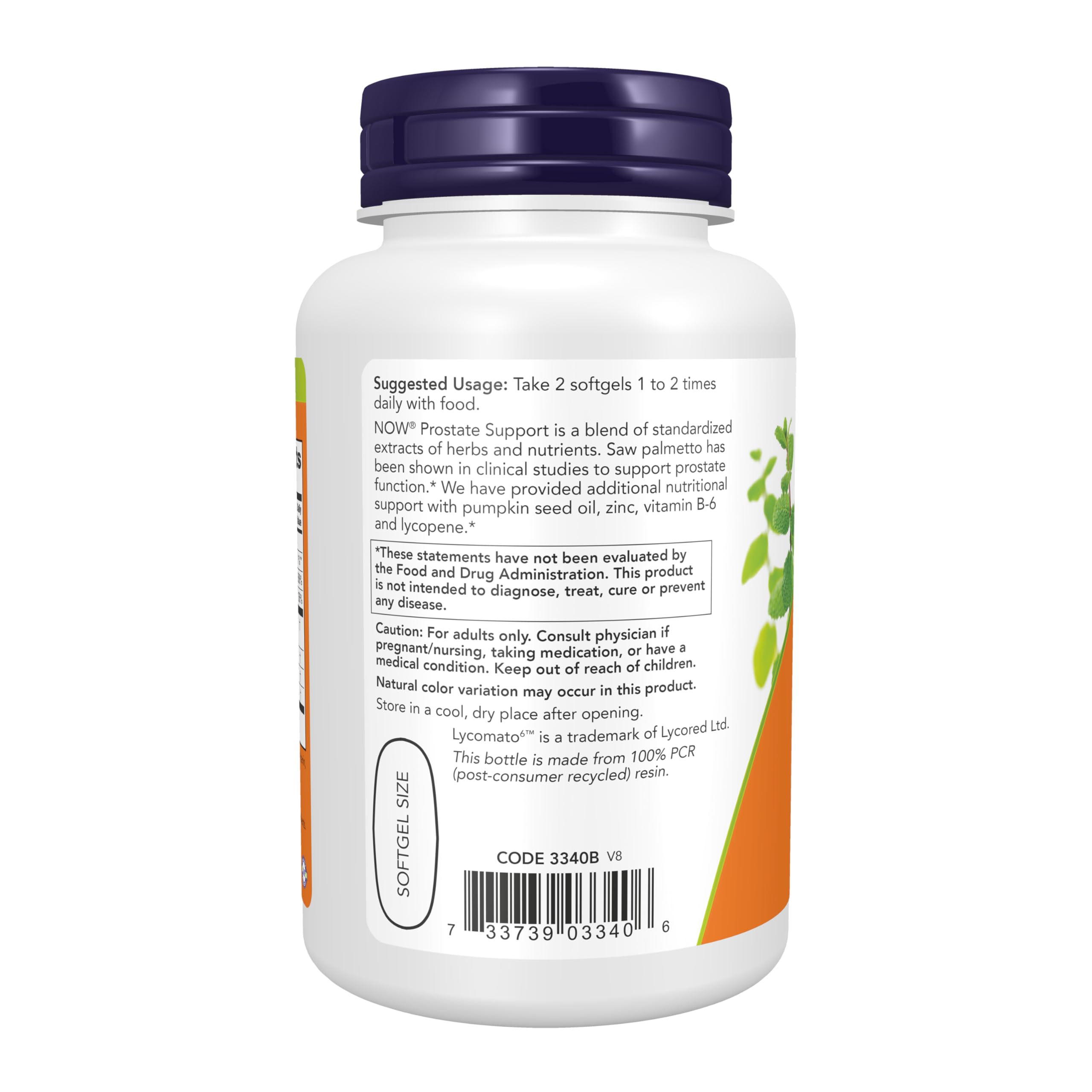 NOW Foods Prostate Support Supplement 95g side view showing softgel capsules