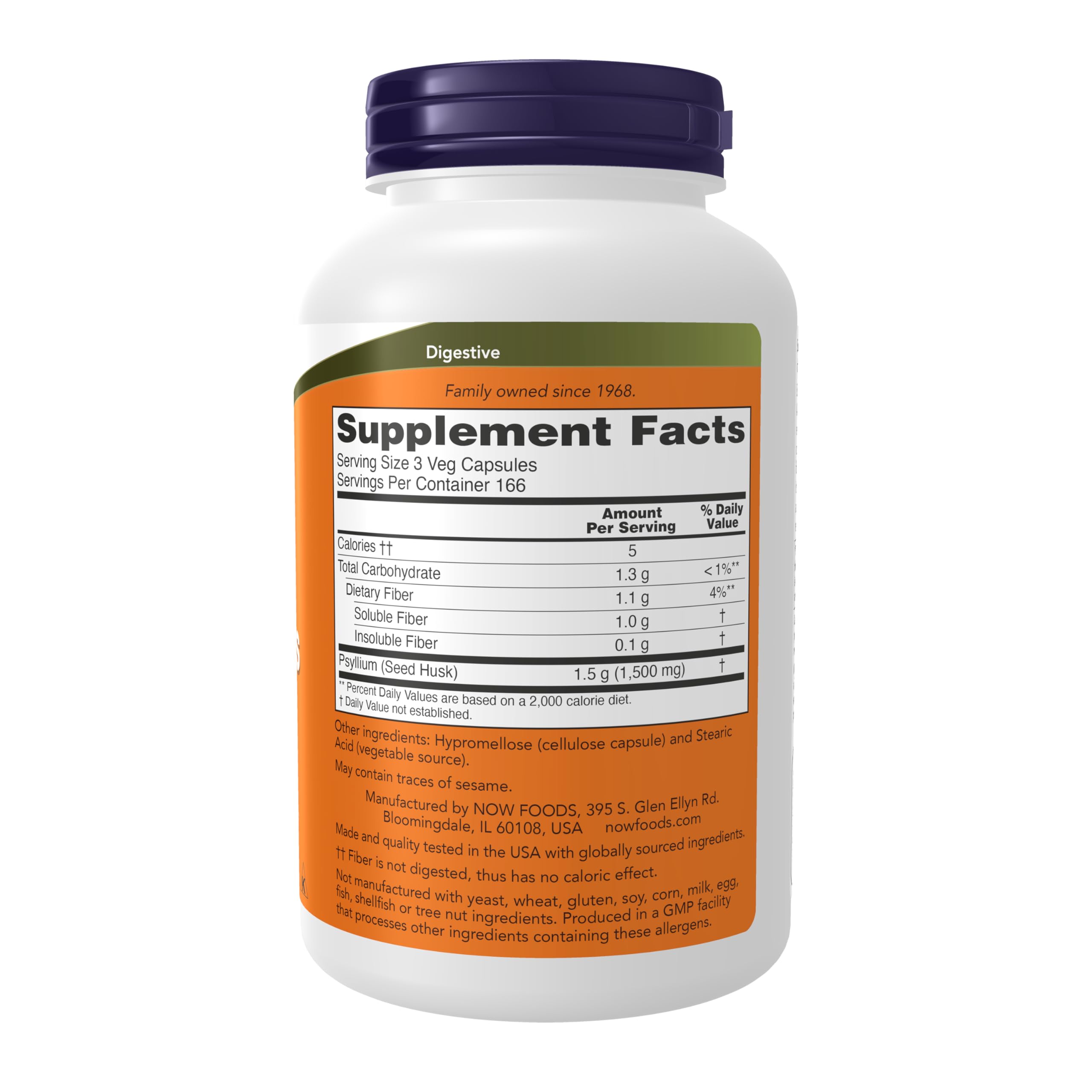NOW Foods Psyllium Husk Capsules 386g back view with ingredients