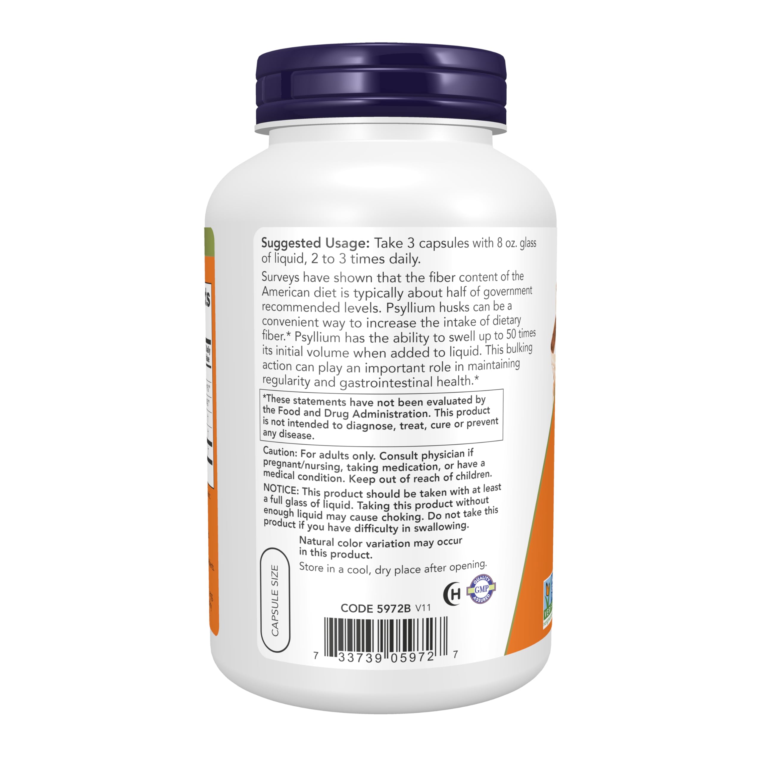 NOW Foods Psyllium Husk Capsules 386g side view