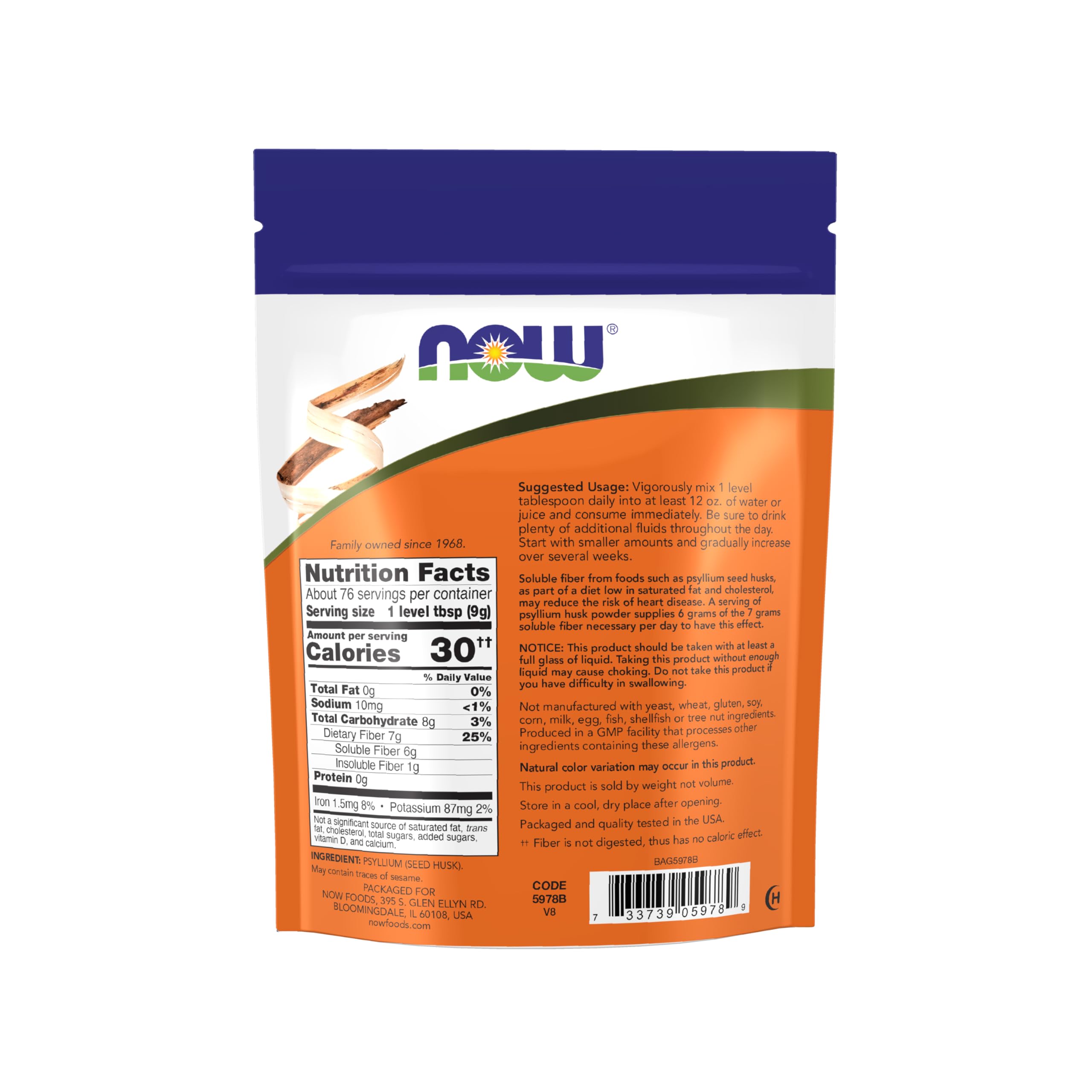 NOW Foods Psyllium Husk Powder 748g packaging details