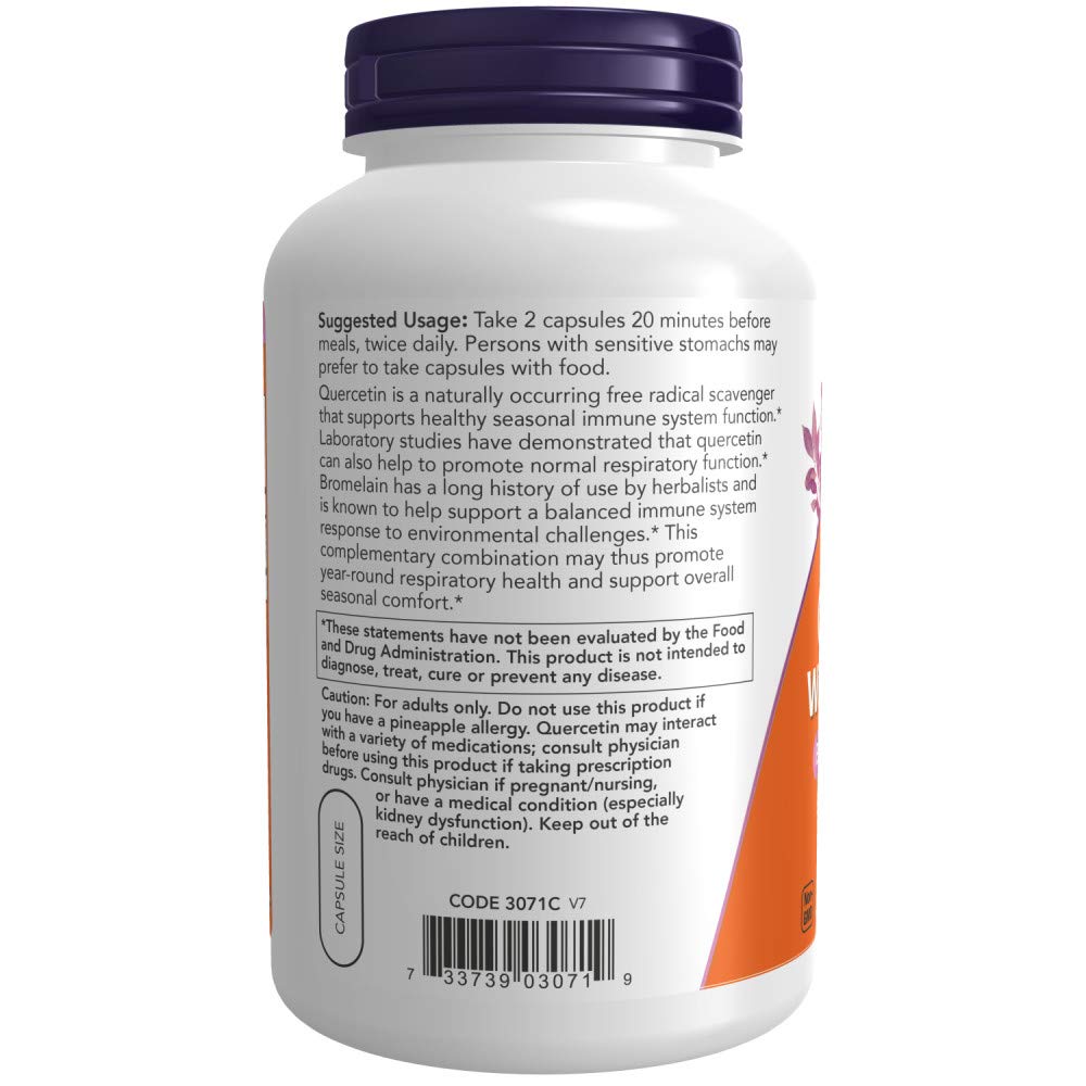 NOW Foods Quercetin & Bromelain capsules on a wooden surface
