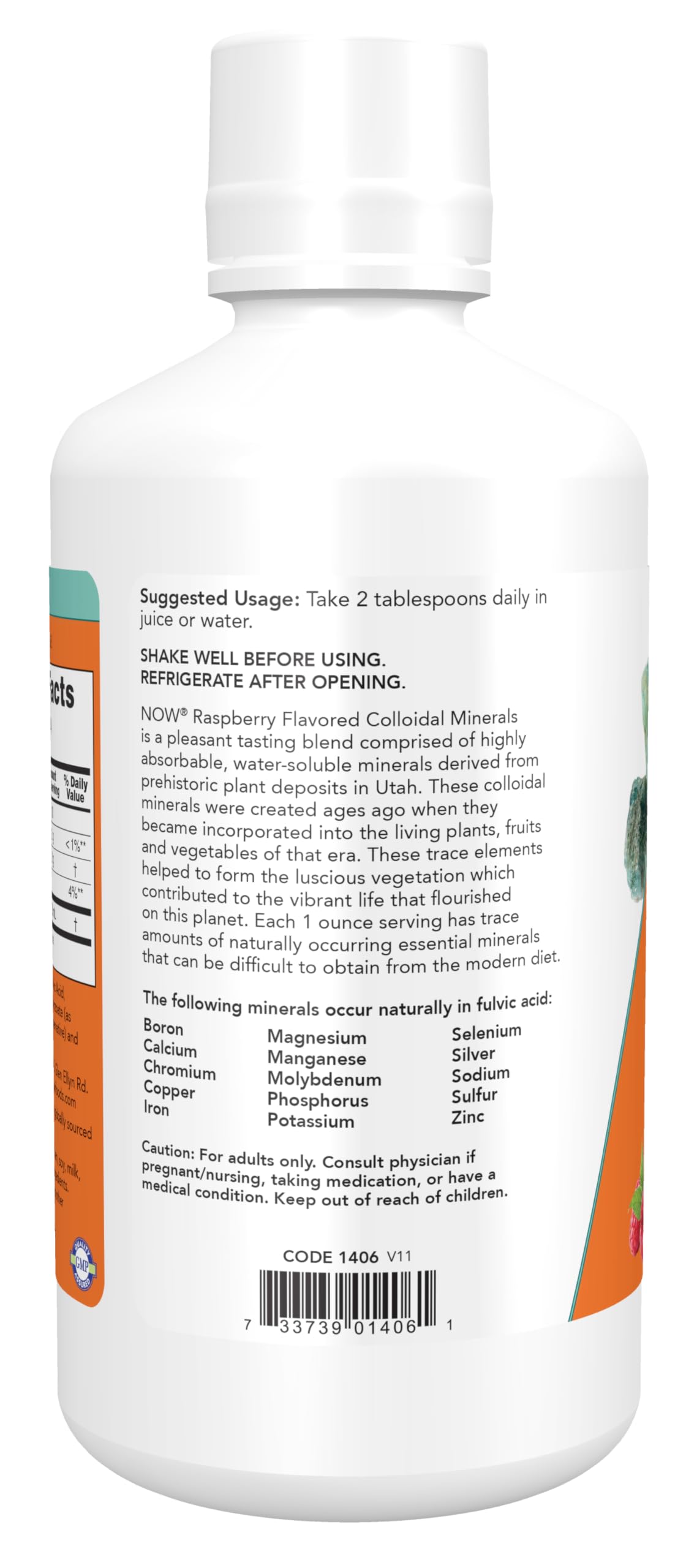 NOW Foods Raspberry Flavoured Colloidal Minerals 300g label close-up